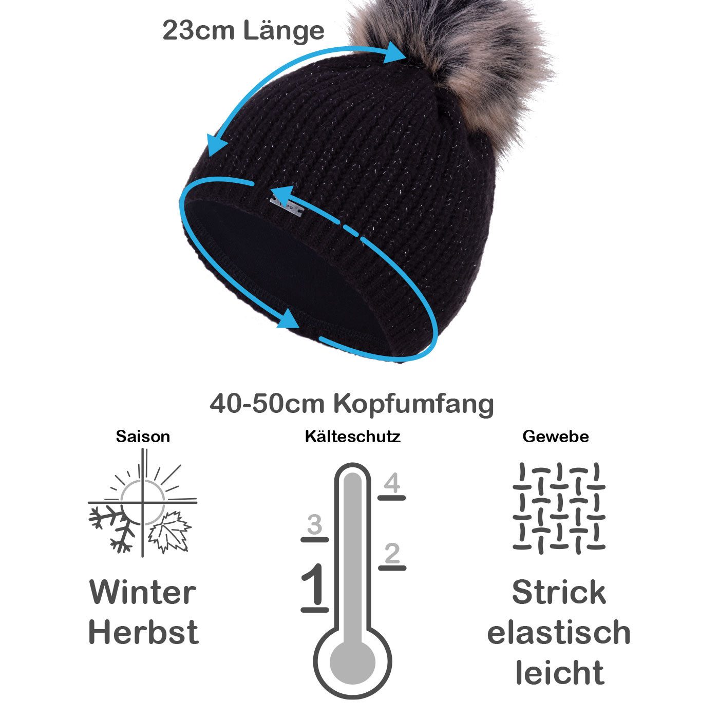 Faera Bommelmütze (1-St) Damen Bommelmütze Wintermütze gefüttert leichter Glitzer Fleecefutter