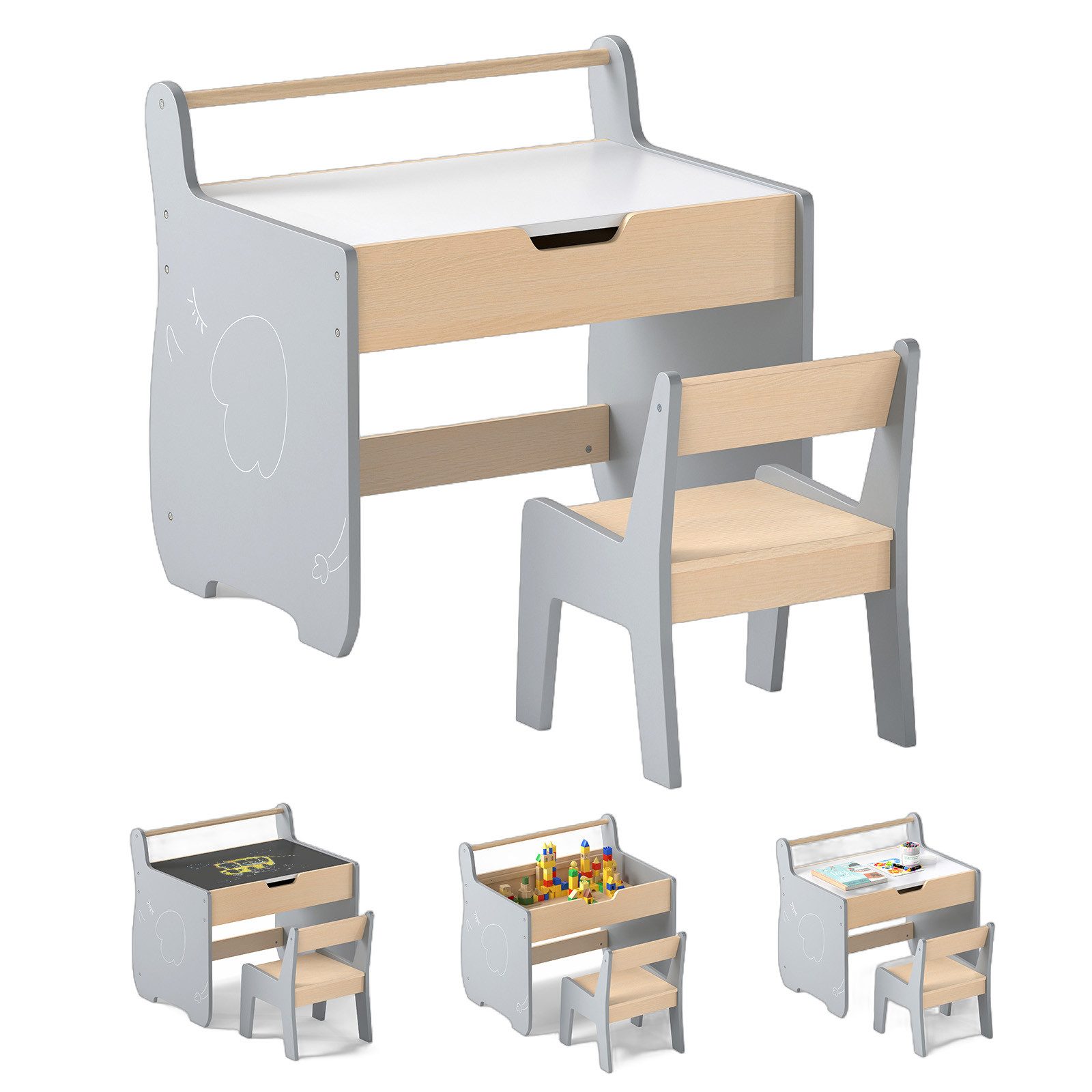 COSTWAY Kindersitzgruppe, 2 in 1 Kinder Aktivitätstisch und Stuhl, Holz