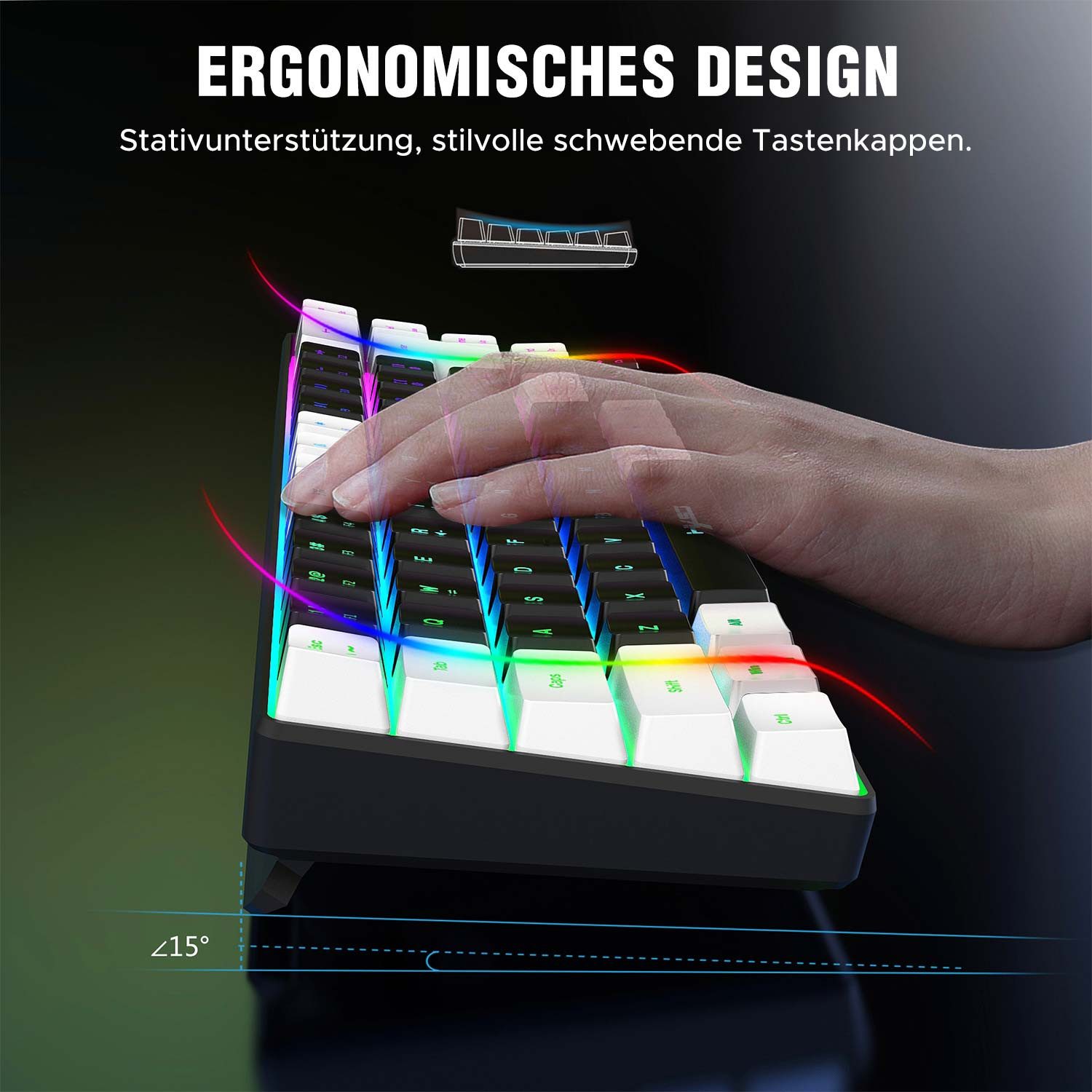 Refttenw RGB-Tastatur Ergonomische 60% Mini Gaming-Tastatur 68 Tasten Tastatur (für Windows Laptop PC)