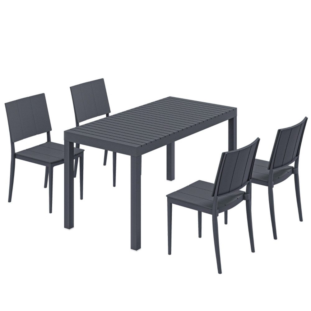 REDOM Garten-Essgruppe Dunkelgraue Essgruppe 5-tlg., Lamellen-Tisch + 4 stapelbare Stühle, (Robuste Sitzgruppe, 5-tlg., Kompaktes Gartenmöbel Set für 4 Personen, pflegeleicht & wetterfest), Ideal für kleine Gärten, Balkone & Camping – platzsparend verstaubar