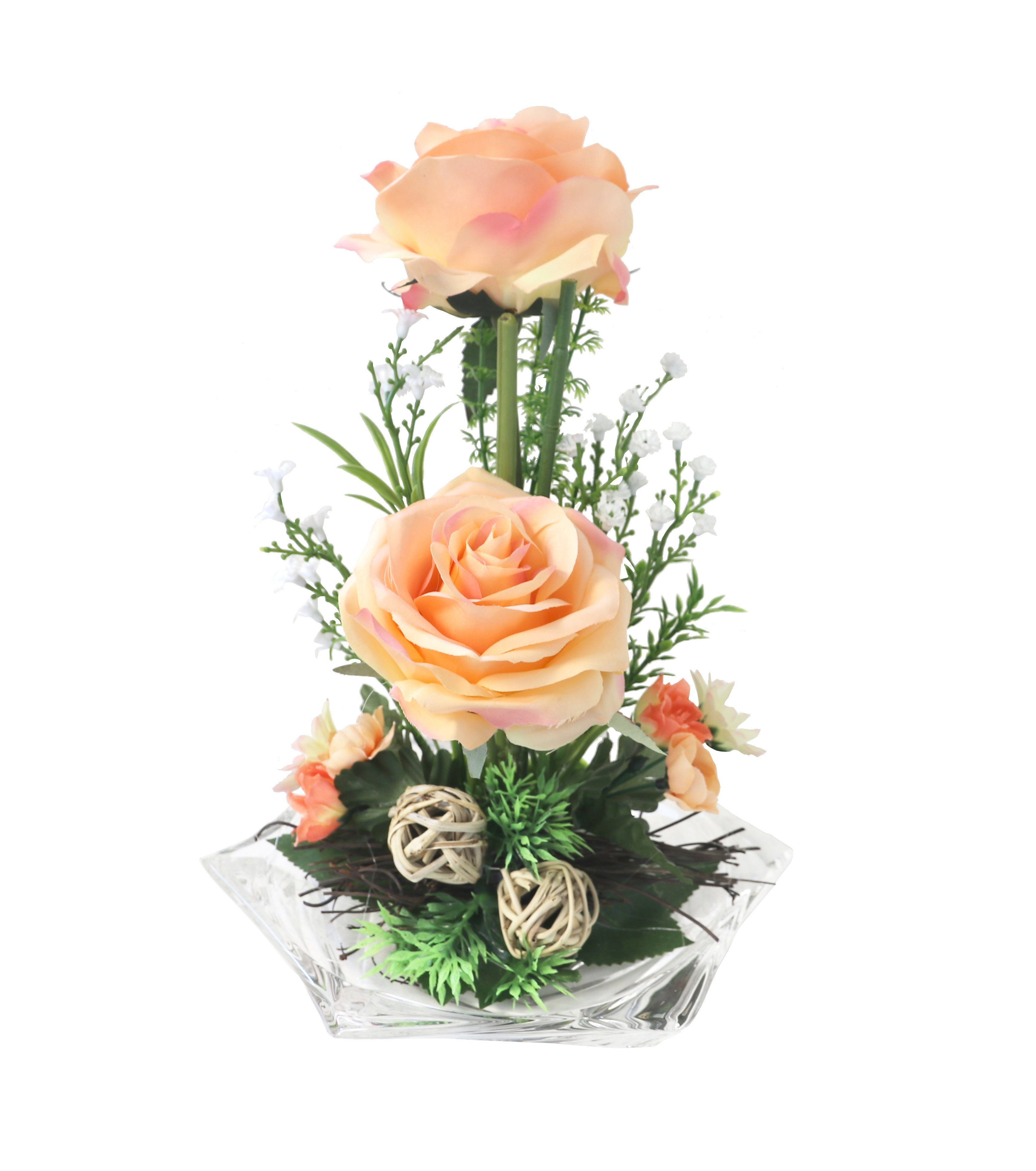 Gestecke Tischgesteck Kunstblumen Tischdeko künstliche Rosen Blumen Rose, PassionMade, Höhe 25 cm, Tischdeko Blumengesteck künstlich auf Glasschale