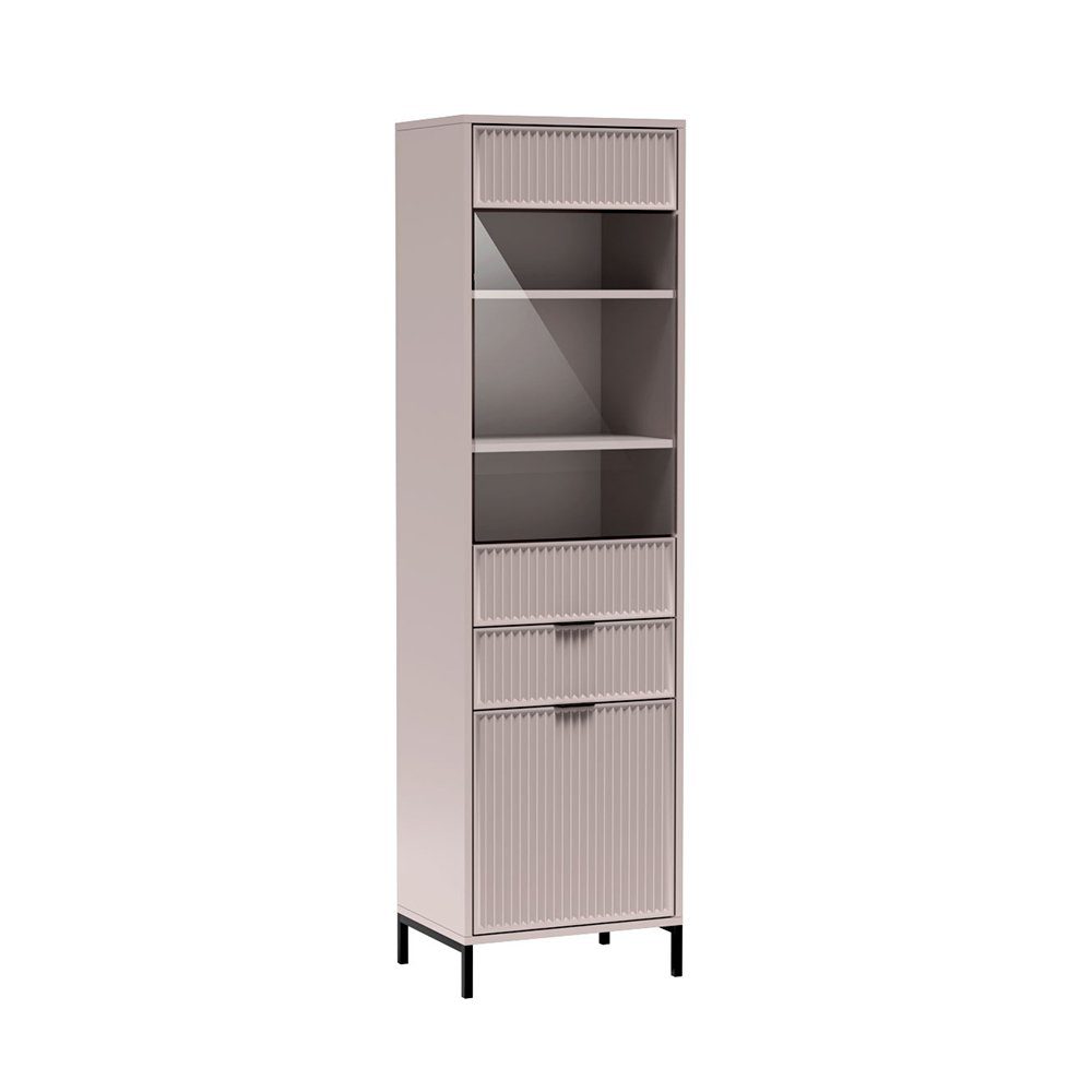 Compleo Standvitrine mit Schublade, VIIVAS, geriffelte Front, Push to open Funktion gehärtetes Glas