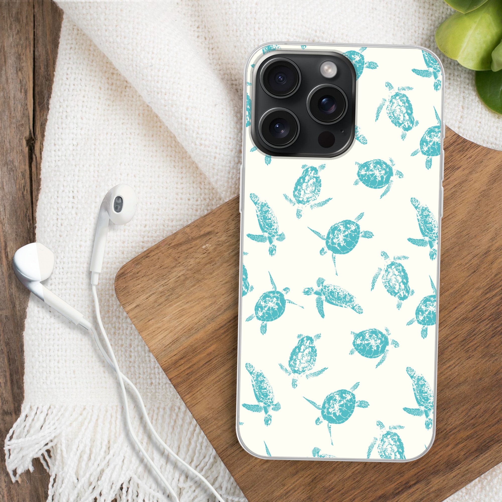 MuchoWow Handyhülle für Apple iPhone 15 Pro Max Schildkröten - Muster - Weiß - Blau, Smartphone-Bumper, Print, Handy Schutzhülle Dünn