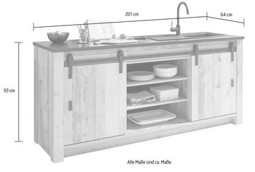 Home affaire Spülenschrank Sherwood Breite 201 cm, mit Scheunentorbeschlag aus Metall