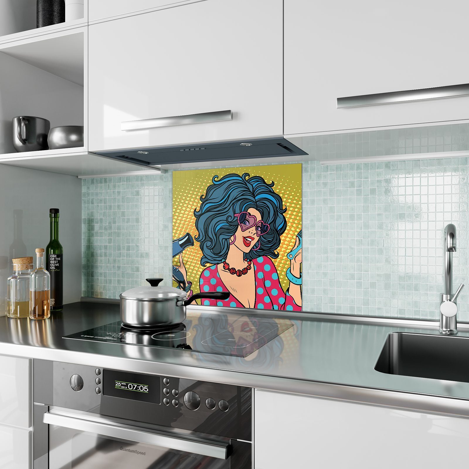Glas Primedeco richten Motiv Küchenrückwand mit Küchenrückwand am Frau Spritzschutz Haare