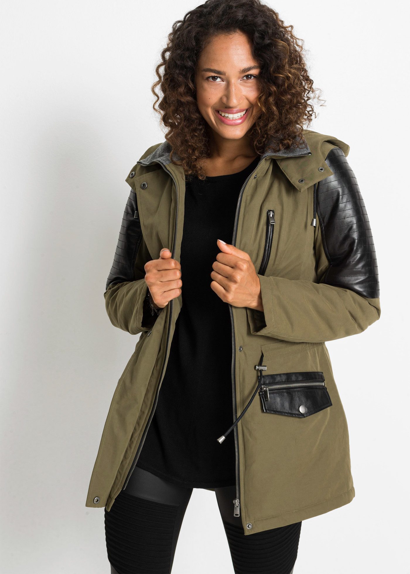 bonprix Parka Winterjacke mit Kapuze als Parka mit Lederimitat-Einsätzen günstig online kaufen