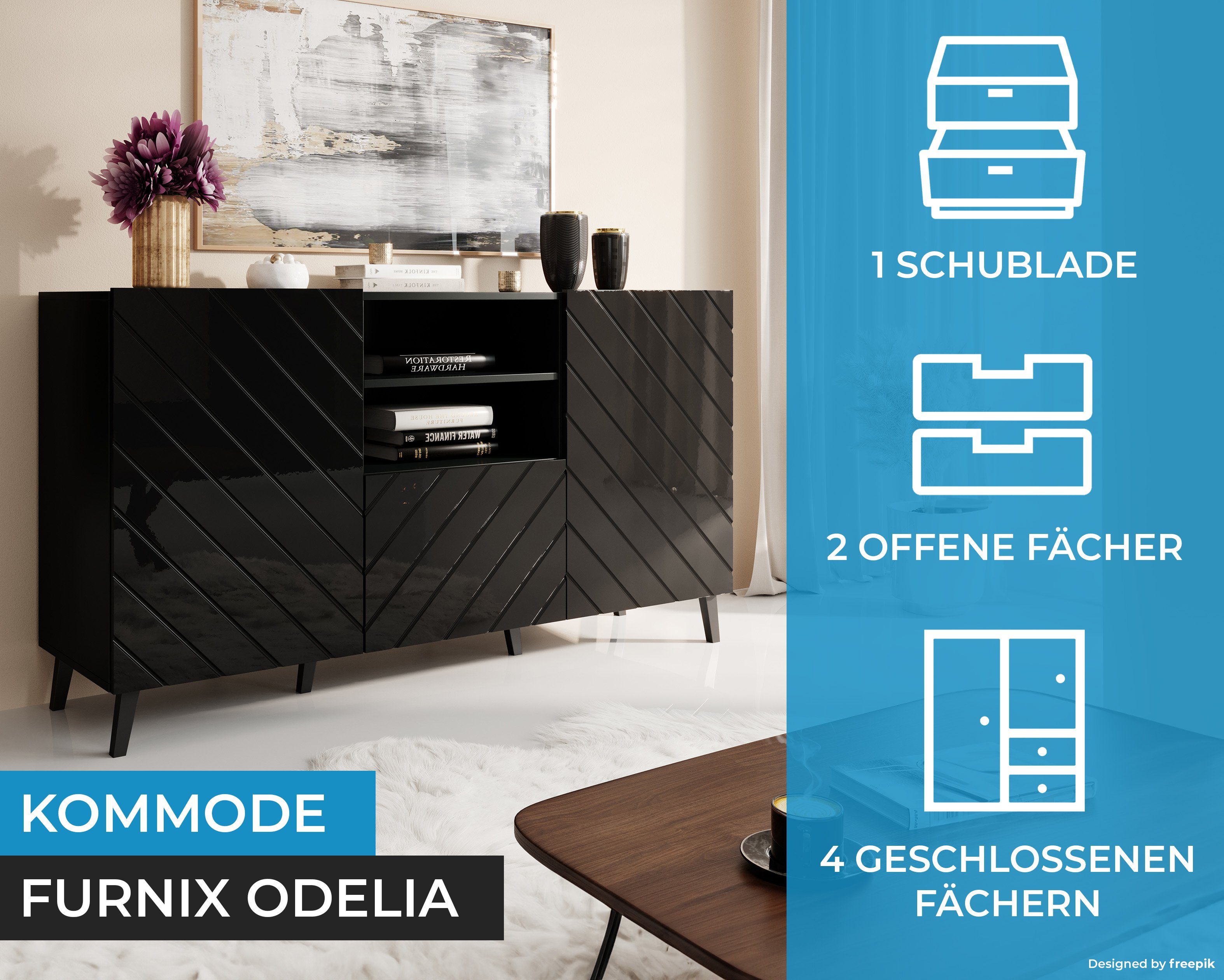 T41,6 Furnix mit Ziertüren/Metallgestell und cm Schwarz Glanz Sideboard Kommode Hochglanz, Schublade H82 x B150 x ODELIA