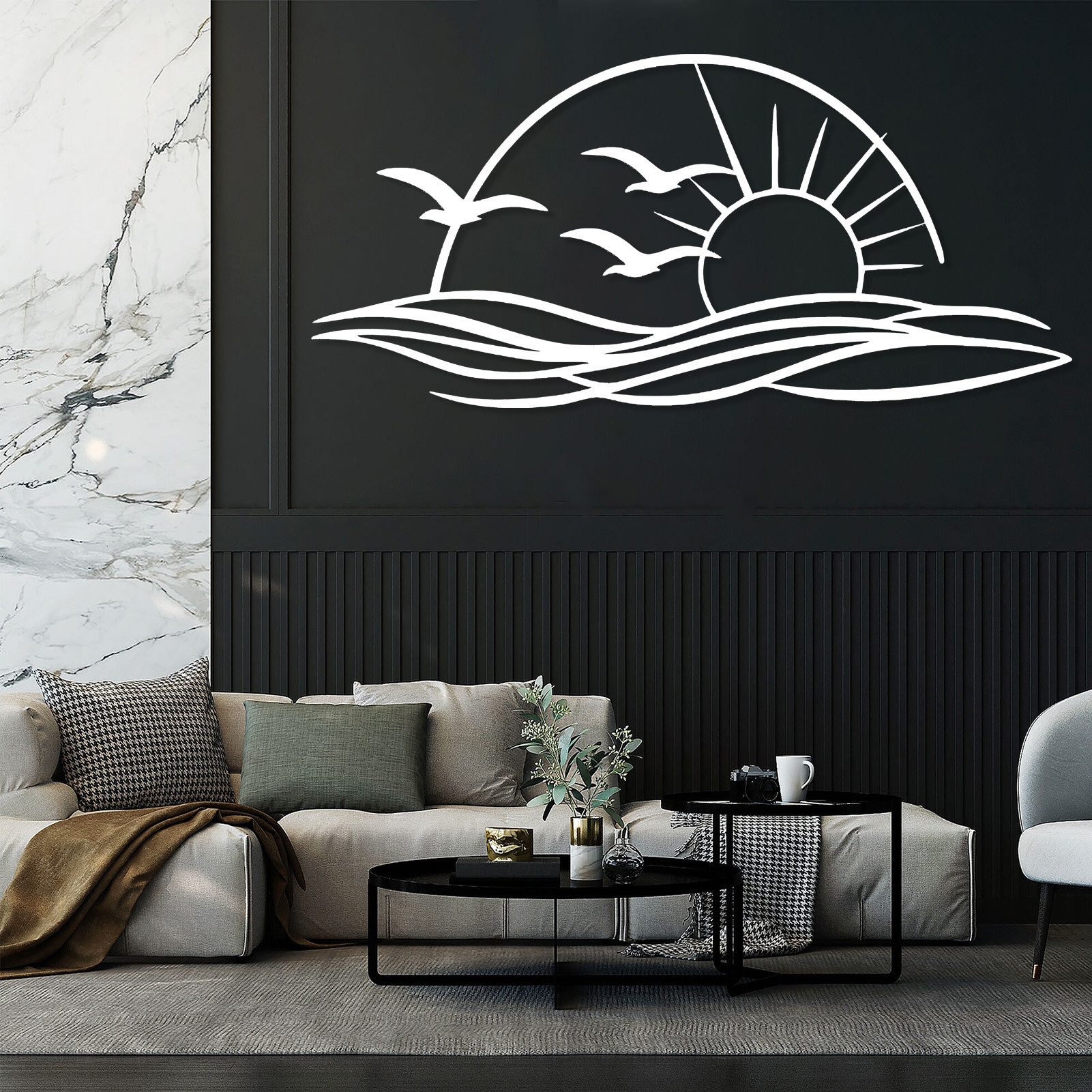 Jumpeak Wanddekoobjekt Wanddeko mit Sonnen und Möwen,Sonnenuntergang,Meereswellen,Strichkunst, Metall,4 Farbe,5 Maße,Strandhorizont,Tropischer,Minimalistischer