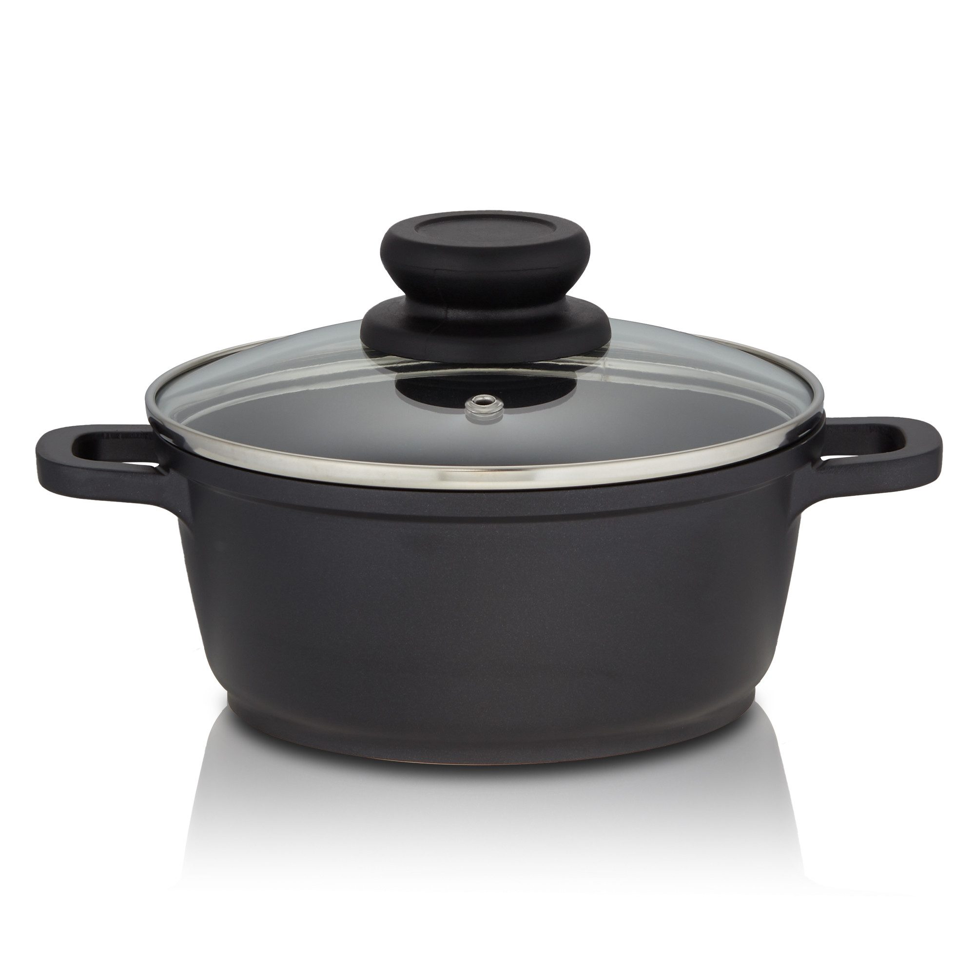 KHG Kochtopf aus einem Guss, Antihaftbeschichtung, 16 cm Durchmesser, Schwarz, Aluminium, 1,25 Liter Volumen, Glasdeckel, für alle Herdarten inklusive Induktion