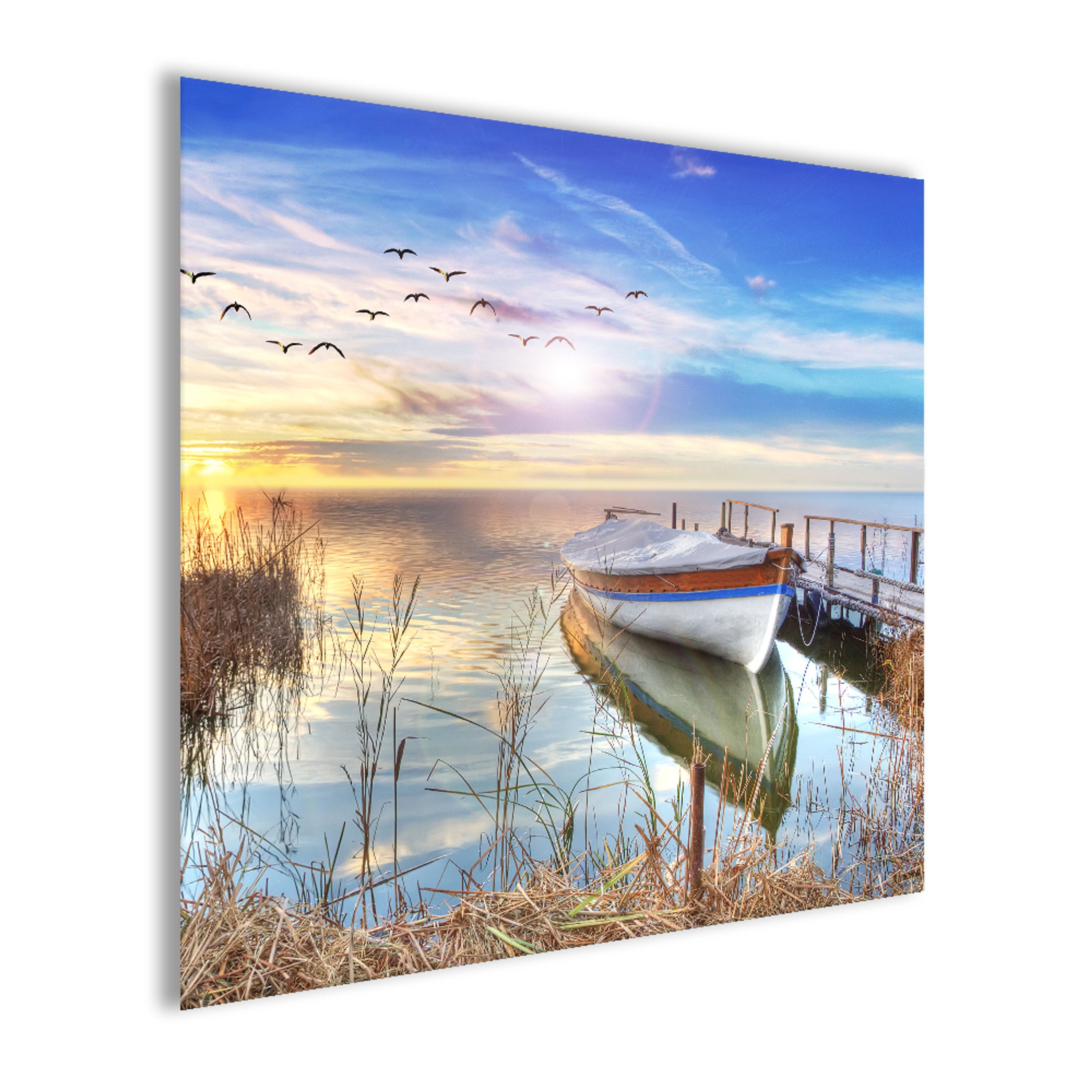 artissimo Glasbild Bild aus Glas 30x30 cm / Wandbild / Strandbild, Strand und Meer: Boot am Steg im Sonnenaufgang