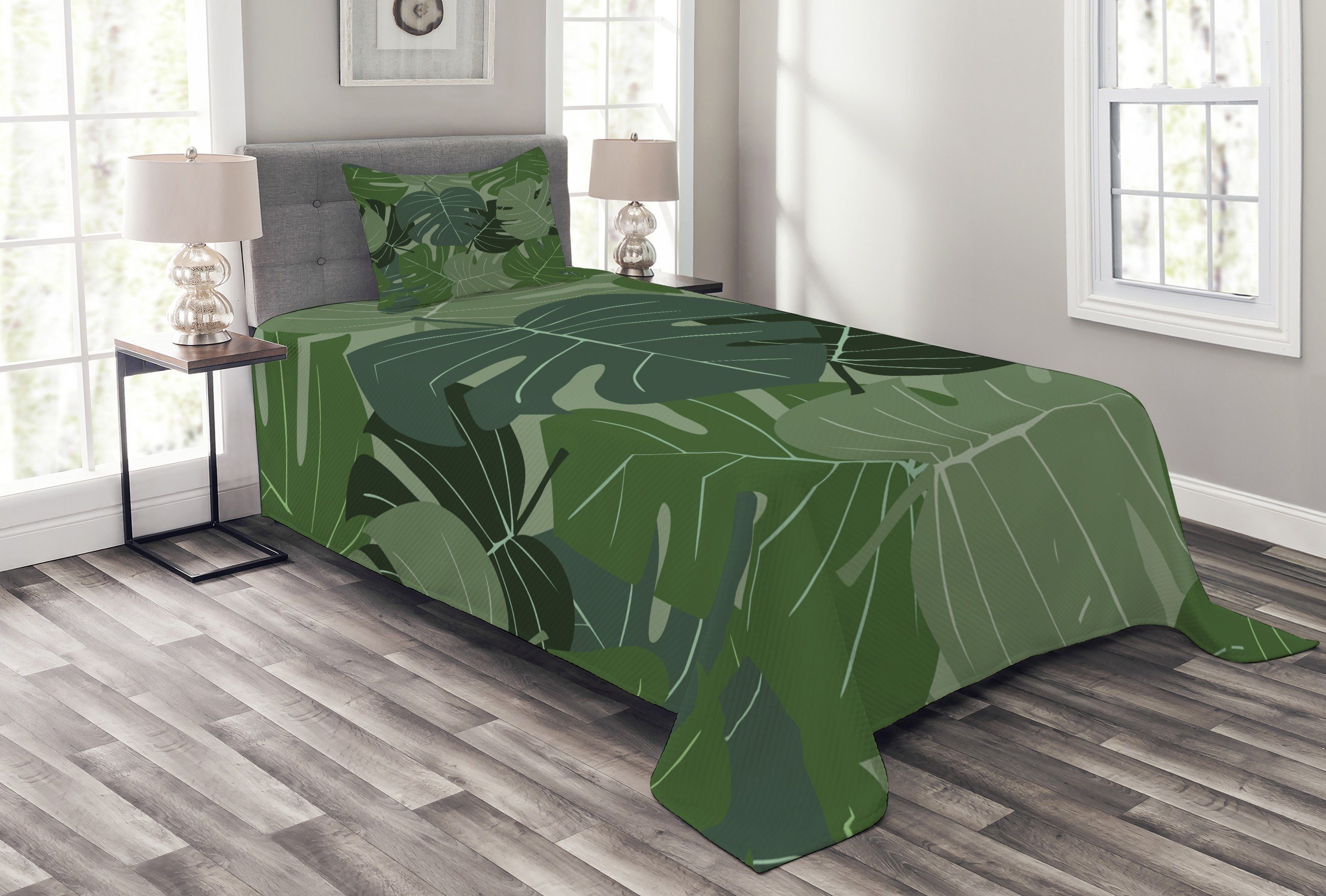 Waldgrün Palmblätter Abakuhaus, Set Waschbar, mit Tagesdecke Kissenbezügen Camo