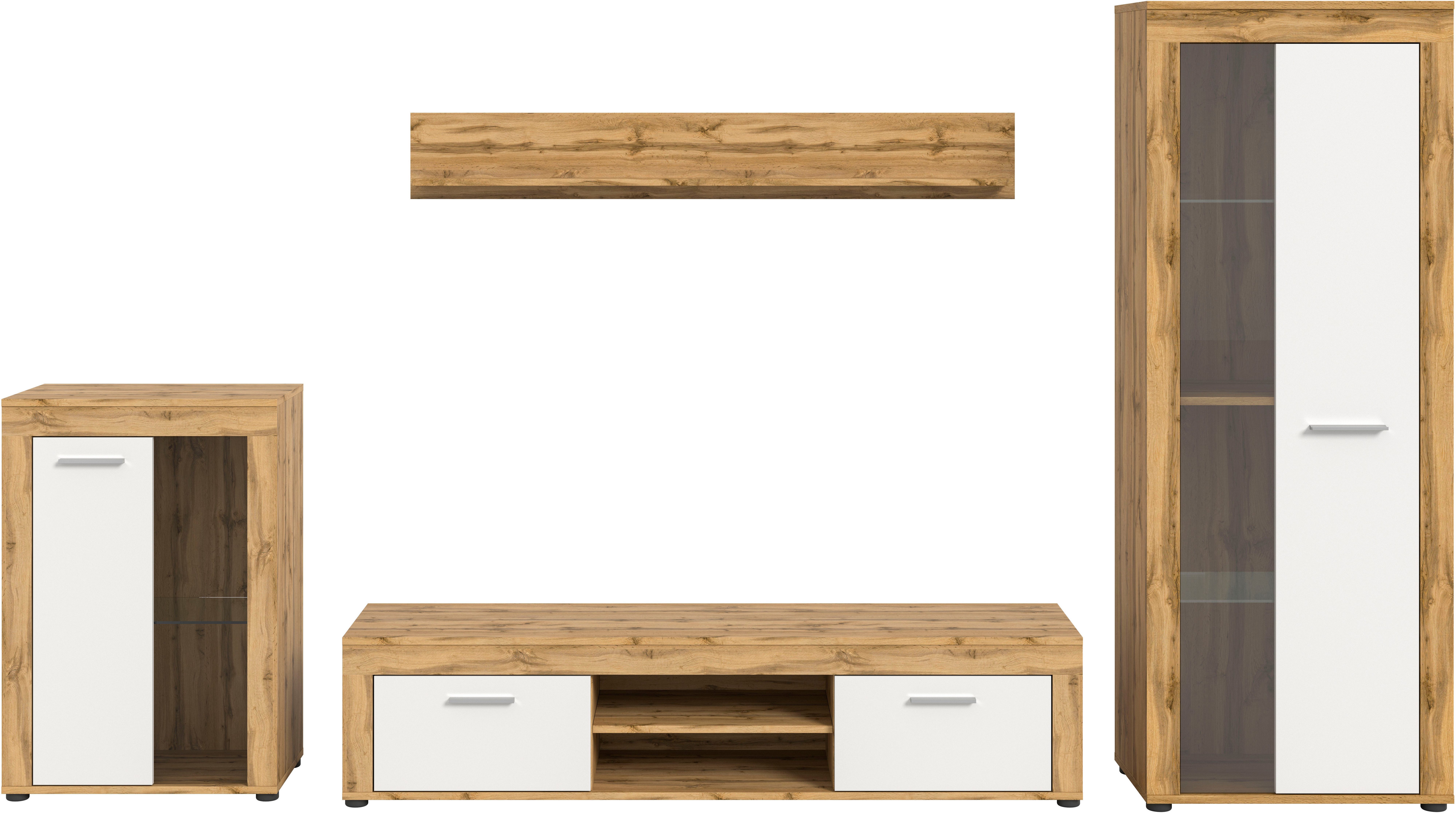 Home affaire Wohnwand AOSTA, TOPSELLER!, Breite 310cm, 4-teilige Wohn-Kombination, (4-St., bestehend aus: Vitrine, Lowboard, Wandboard & Vitrine hoch), Wohnwand, Kombination, Anbauwand, Möbel Set, Schrankwand, Möbel Kombi