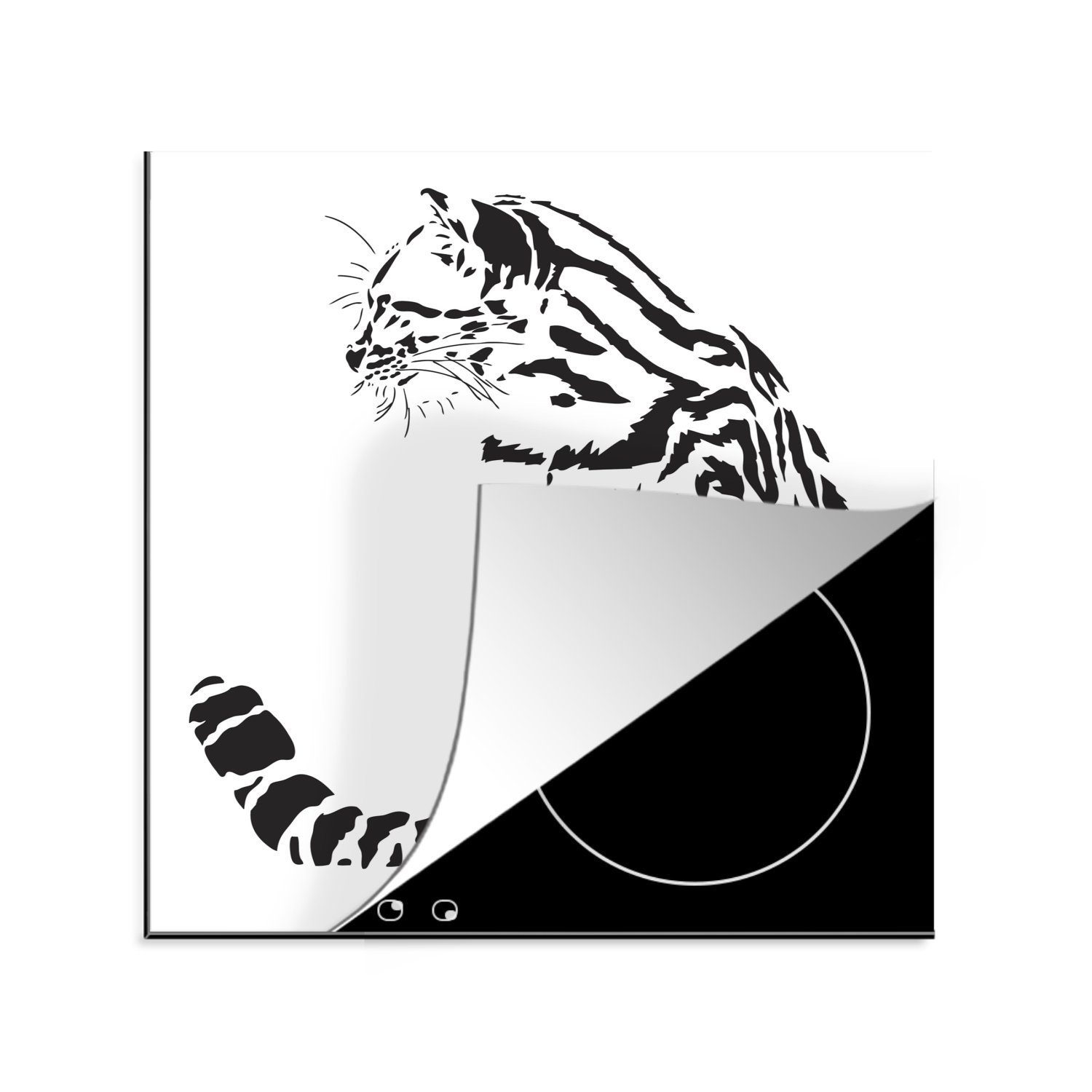 MuchoWow schwarz-weiße Ceranfeldabdeckung, (1 küche Herdblende-/Abdeckplatte cm, Vinyl, tlg), Arbeitsplatte für Tigerkatze, 78x78 Illustration Eine einer