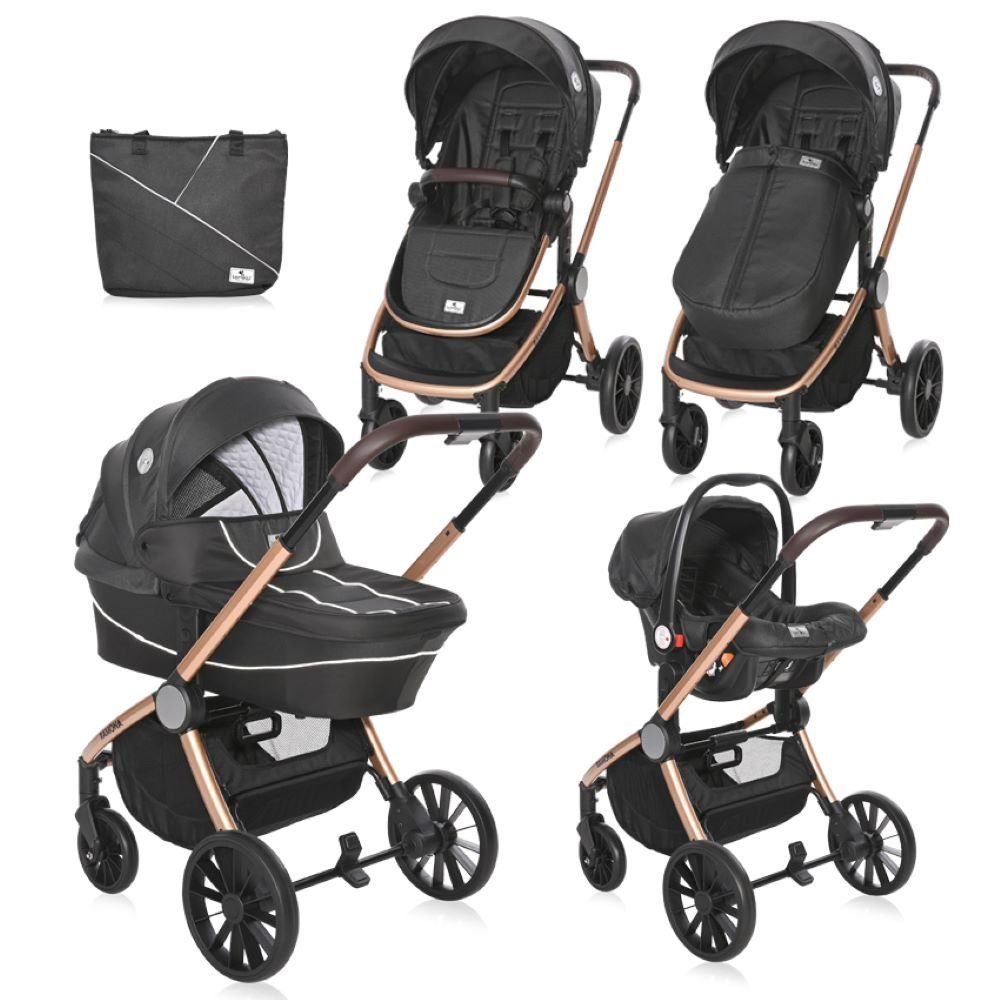 Lorelli Kombi-Kinderwagen Kombikinderwagen Ramona 3 in 1, Babyschale Sitzeinheit Wickeltasche Korb schwarz