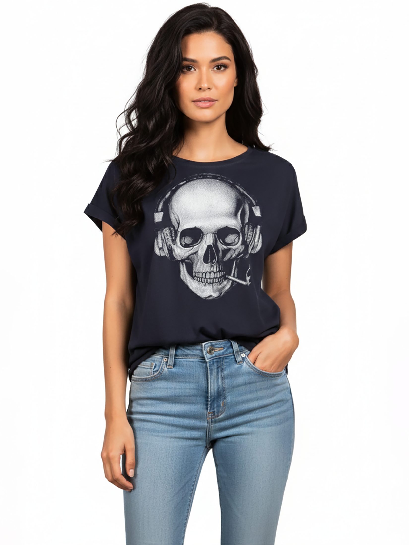 MAKAYA Print-Shirt Damen Cooles T-Shirt mit Totenkopf Design Skull Top - Aufdruck Gothic (Kurzarm, Rundhals, Schwarz, Blau, Grau) große Größen