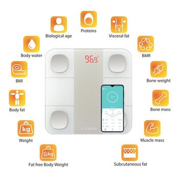 SEBSON Körper-Analyse-Waage »Personenwaage mit App digital Bluetooth bis 180kg, Körperfett, Muskelanteil, BMI - Körperfettwaage«, Körperanalyse (13 Körperwerte)
