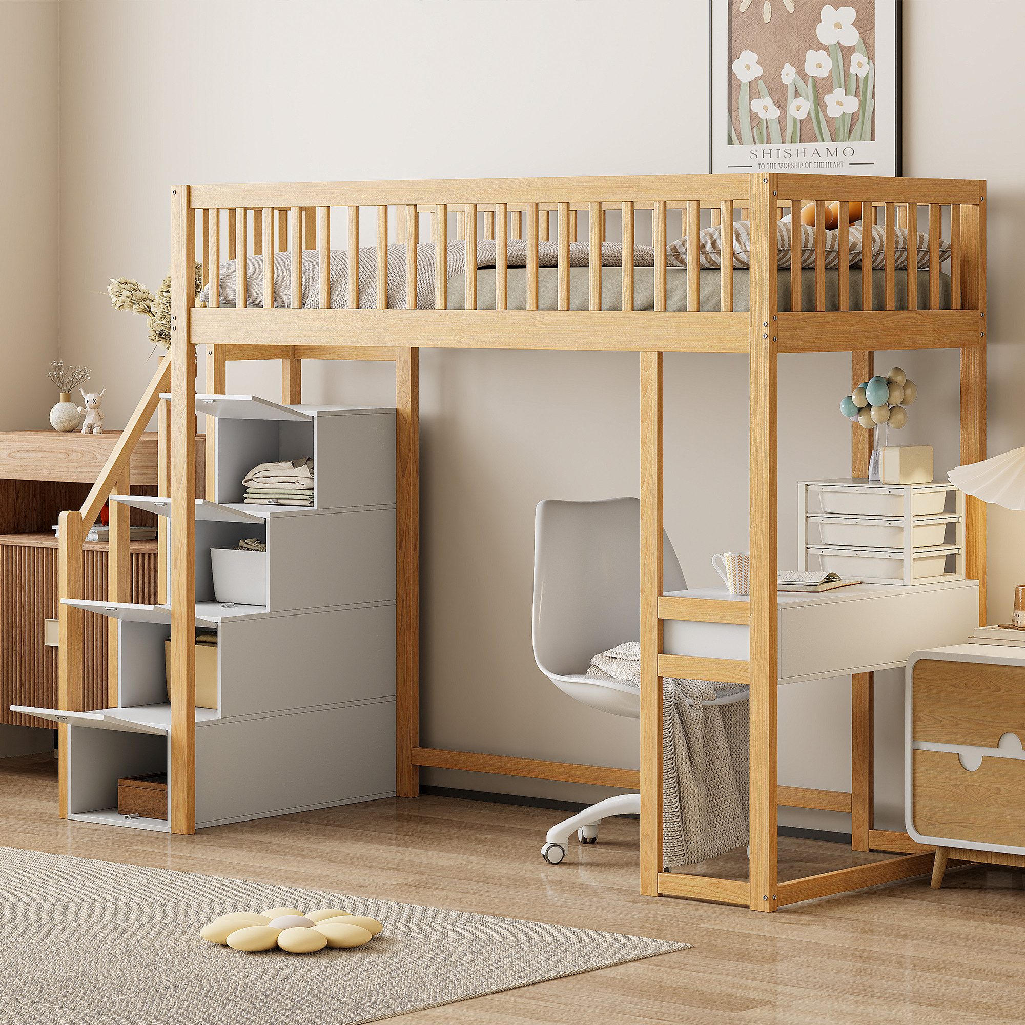 Odikalo Hochbett Jugendbett Kinderbett Bettgestell Aufbewahrungstreppe günstig online kaufen