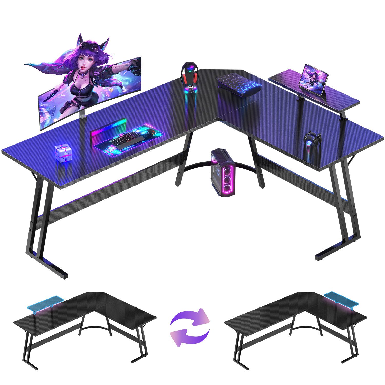 GUNJI Computertisch L-förmiger Gaming-Schreibtisch, Eckschreibtisch, 120/170 cm (Tischplatte aus Kohlefaser mit Display-ausgestatteten Beinen und Z-förmigem Rahmen)