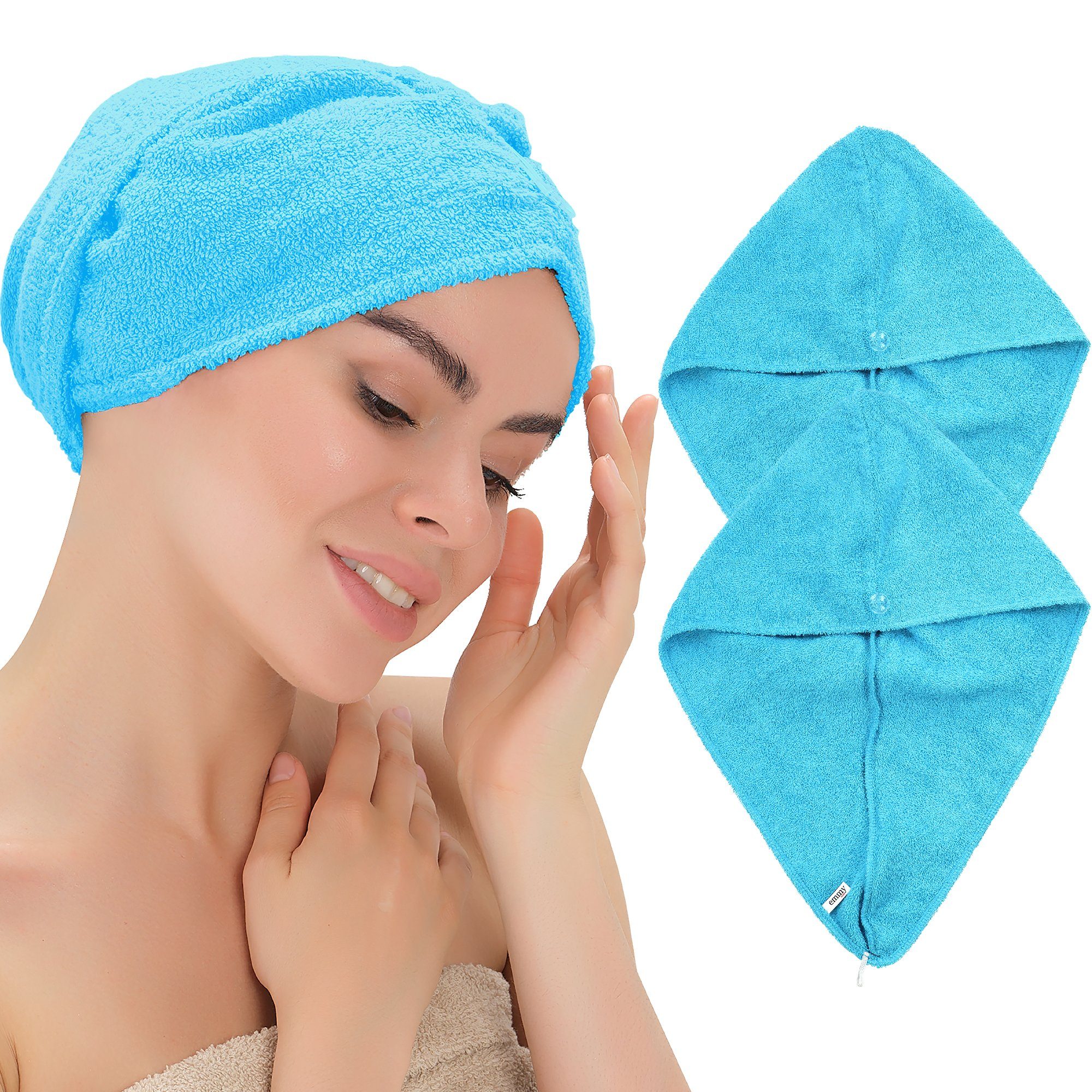 Emmy Home Turban-Handtuch Haarturban, 100% Baumwolle (2-St), mit knopf Blau