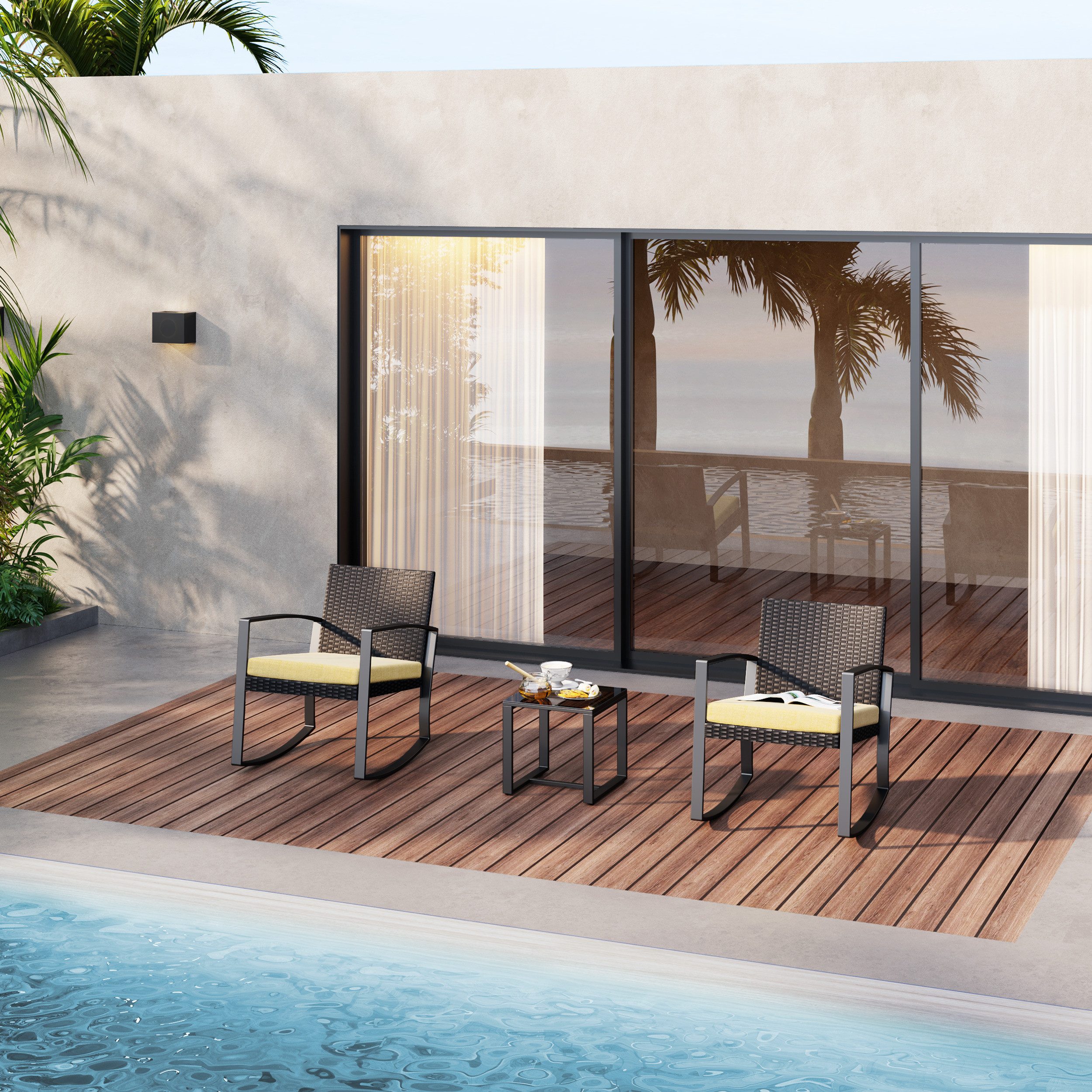 Bealife Balkonset Gartenlounge-Set, (3-tlg), 1 Tisch und 2 Stühle, Rattan Gartenmöbel, (Mit Schaukel-Funktion)