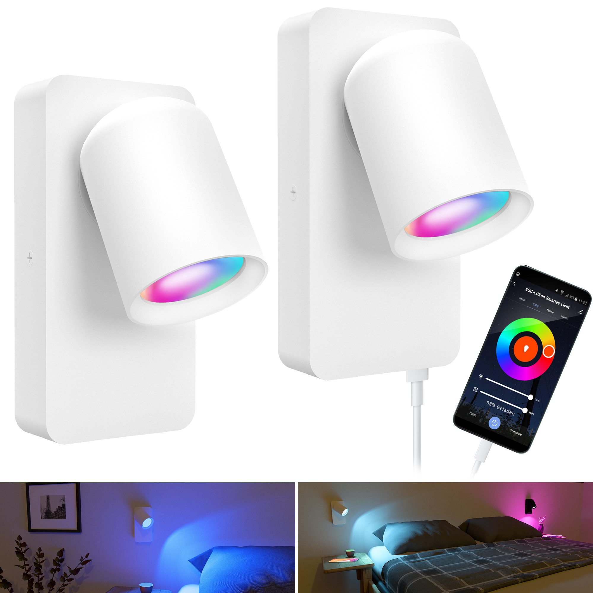 SSC-LUXon LED Wandleuchte NERU Nachttischlampe weiß Smarte GU10 LED, USB & Schalter, RGB & Weißtöne