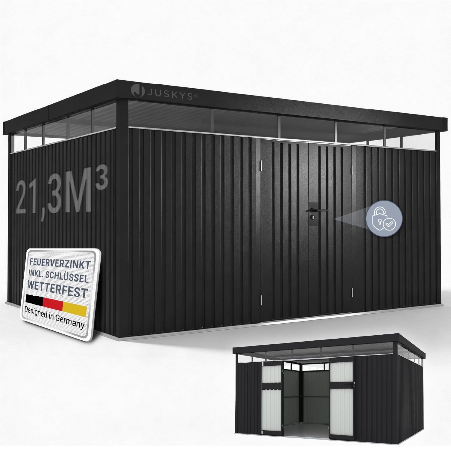 Juskys Gartenhaus Luzern, BxT: 396x294 cm, 12 m², Metall, wetterfest, langlebig, Fenster & abschließbare Tür