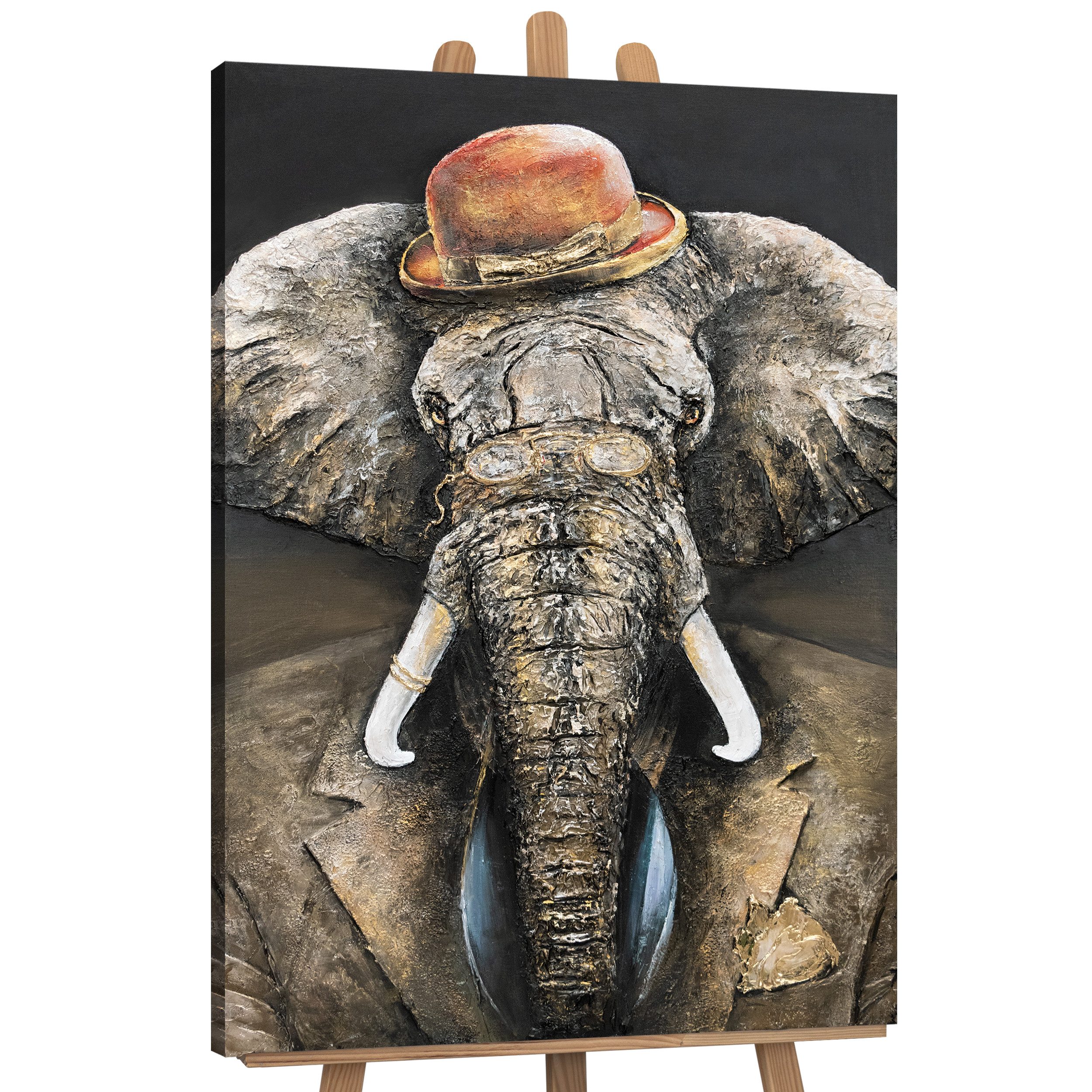 YS-Art Gemälde Herrschaft, Tiere, Leinwand Bild Handgemalt Elefant mit Hut Tier in Gold