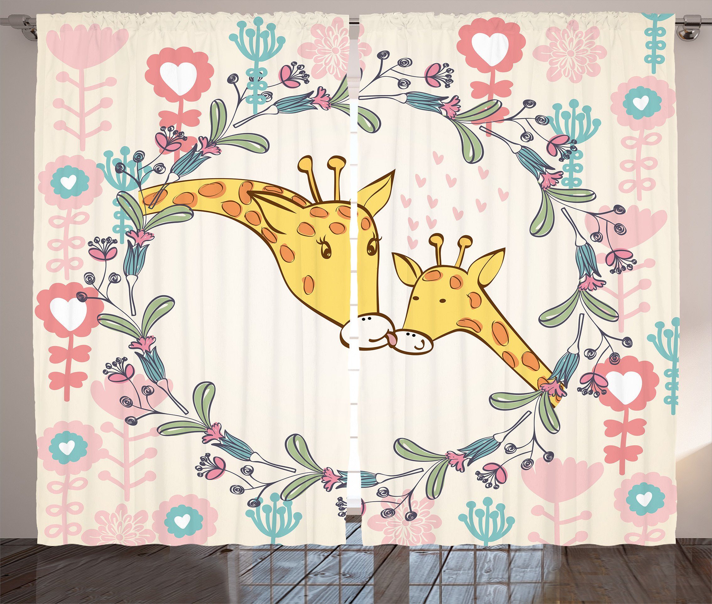 Gardine Schlafzimmer Kräuselband Vorhang mit Schlaufen und Haken, Abakuhaus, Giraffe Cartoon Mutter und Kind