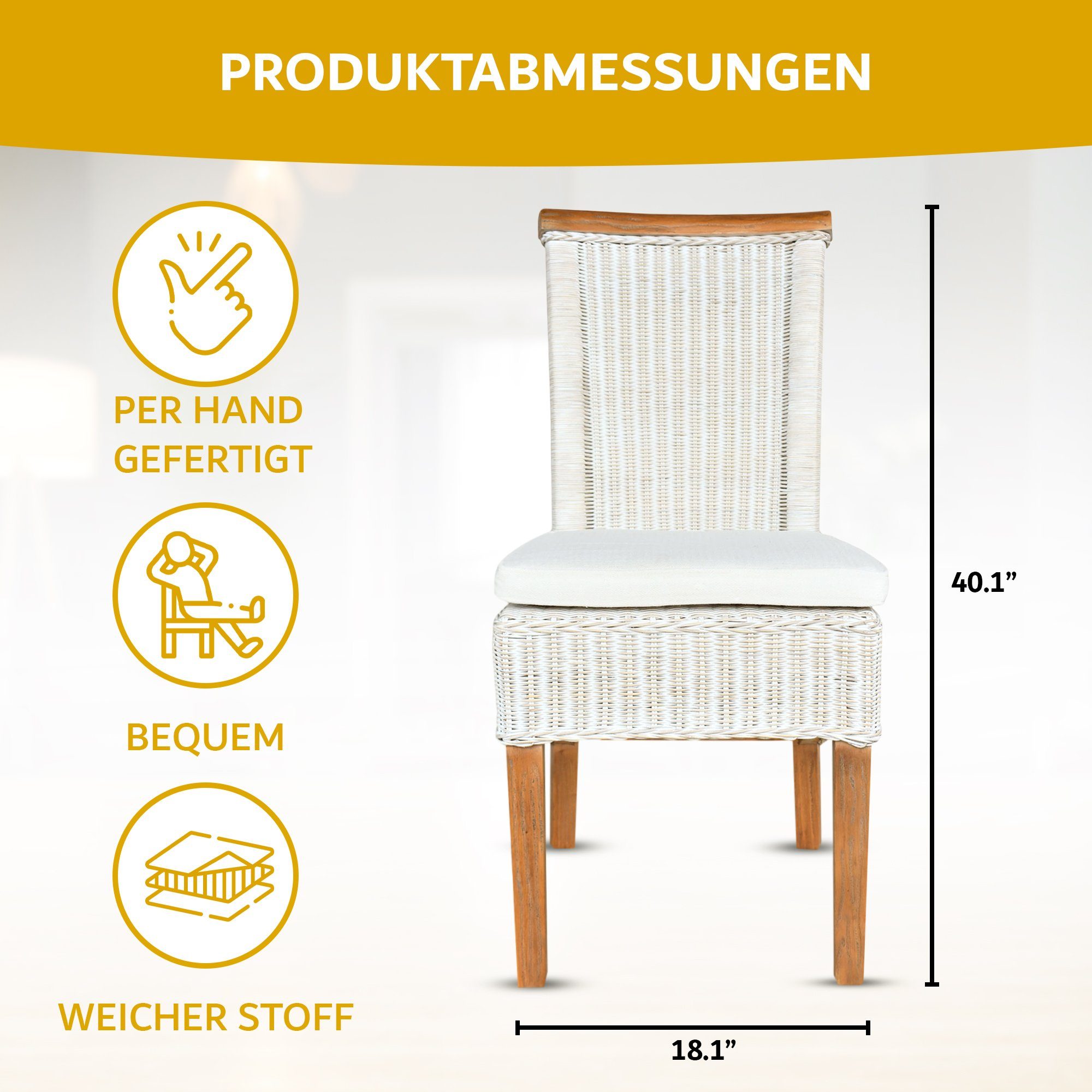 ELYFLAIR Esszimmerstuhl ELYFLAIR Handgefertigter | Einzel Esszimmerstuhl Sitzkissen aus FSC-Naturrattan Mit