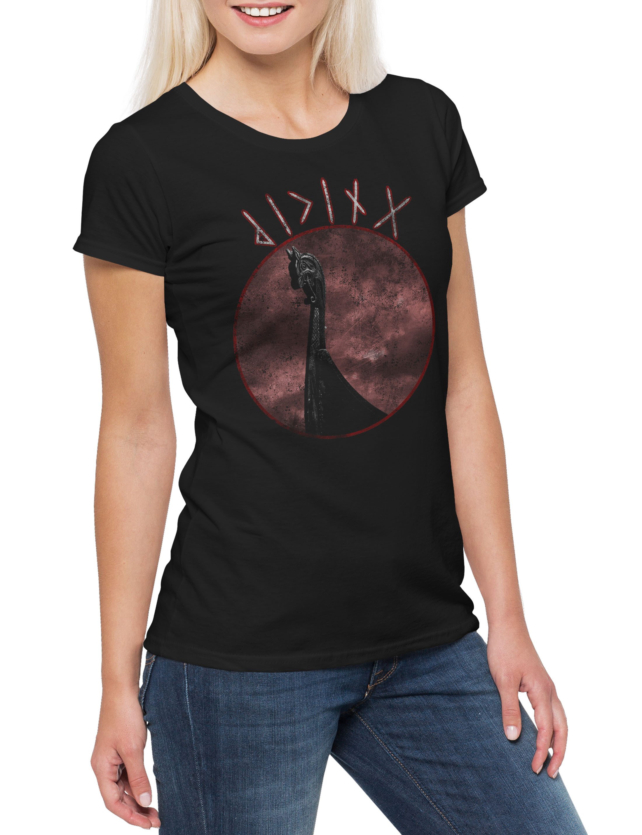 Print-Shirt Viking Ship Dragon Head Damen T-Shirt Drachenkopf Vikings Schiff