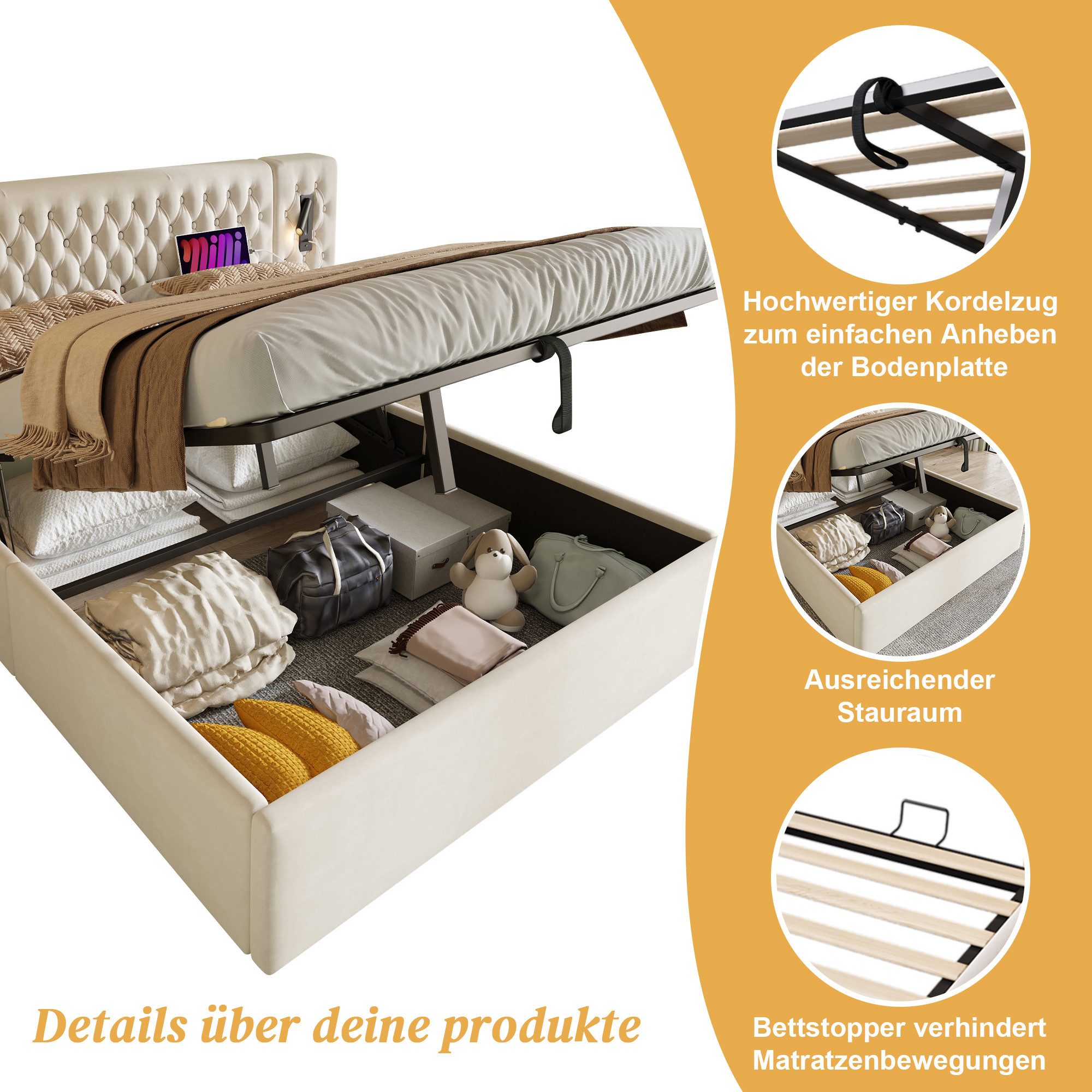 Flieks Polsterbett, Hydraulisches Doppelbett 180×200cm 2 Nachttische Leseli günstig online kaufen