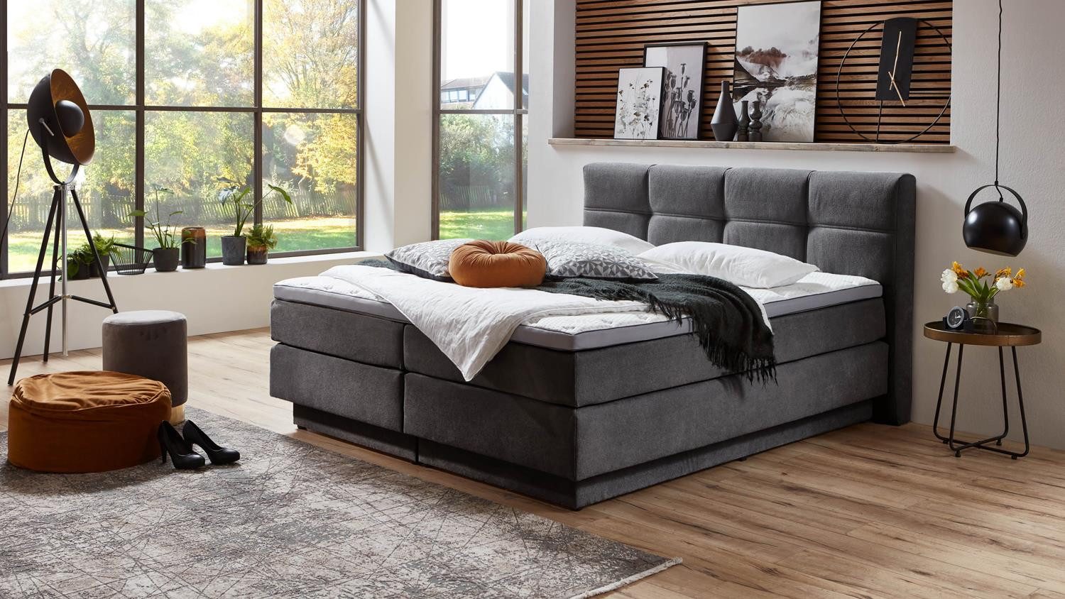 Sun Garden Boxspringbett Boxspringbett Portage grau inkl. Bettkasten Topper 180x200 cm