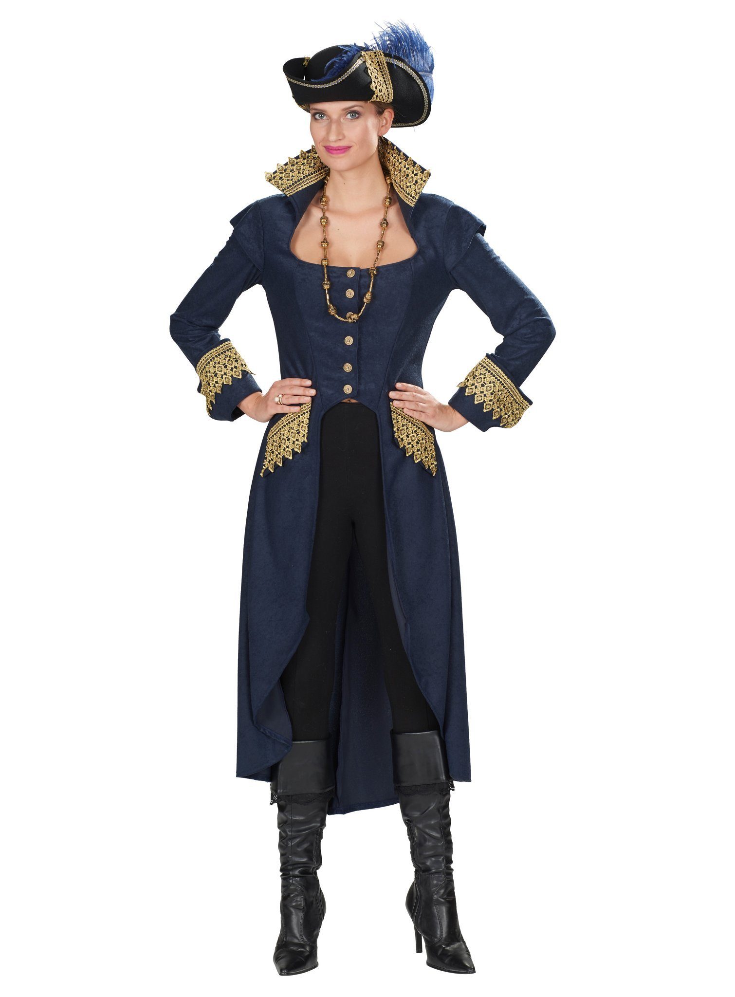 Metamorph Piraten-Kostüm Eleganter Piratenmantel mit Goldbesatz, Dunkelblaues Piratenkostüm für Captain Jackie