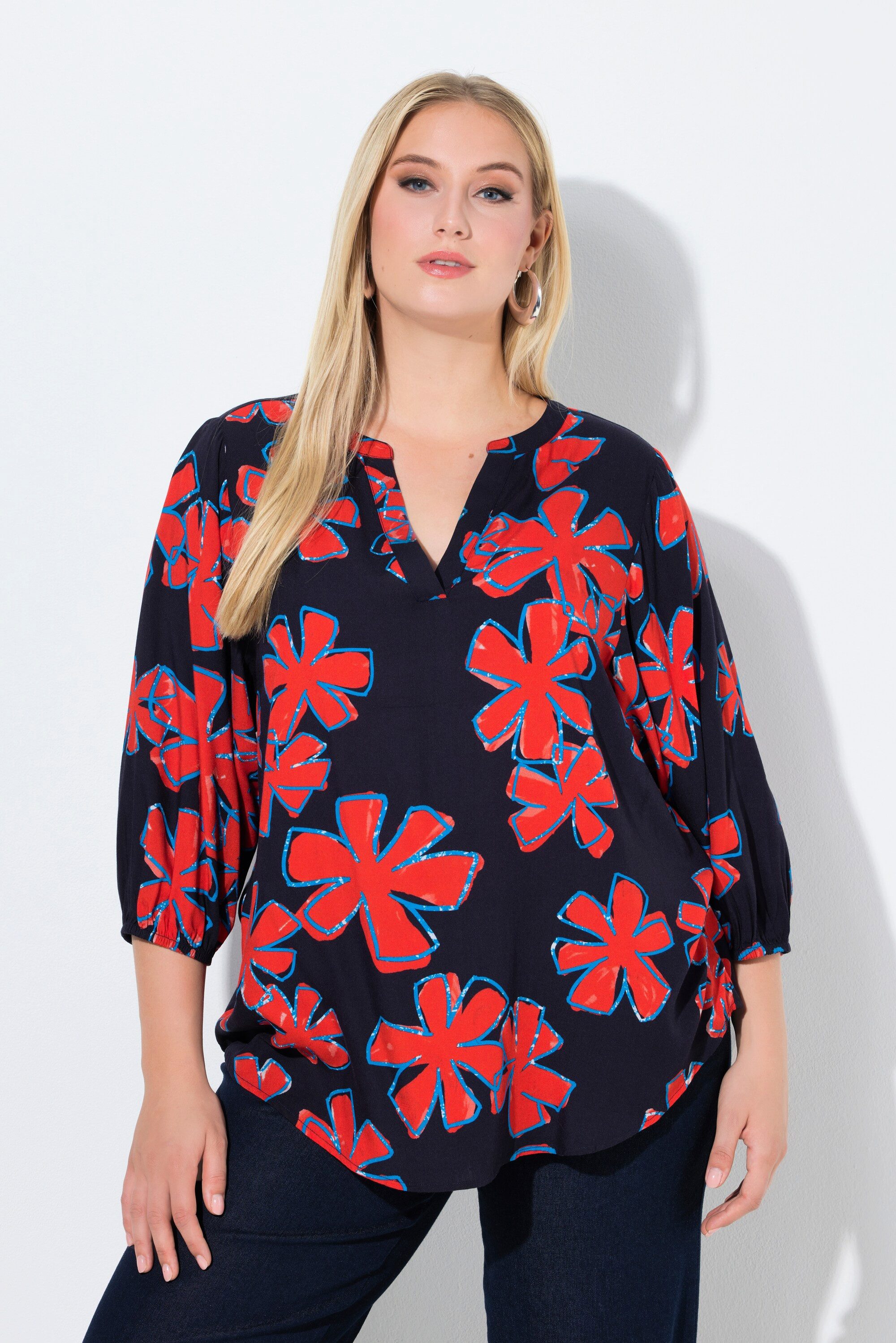 Ulla Popken Tunika Tunika Blüten A-Linie Rundhals 3/4-Ballonärmel günstig online kaufen