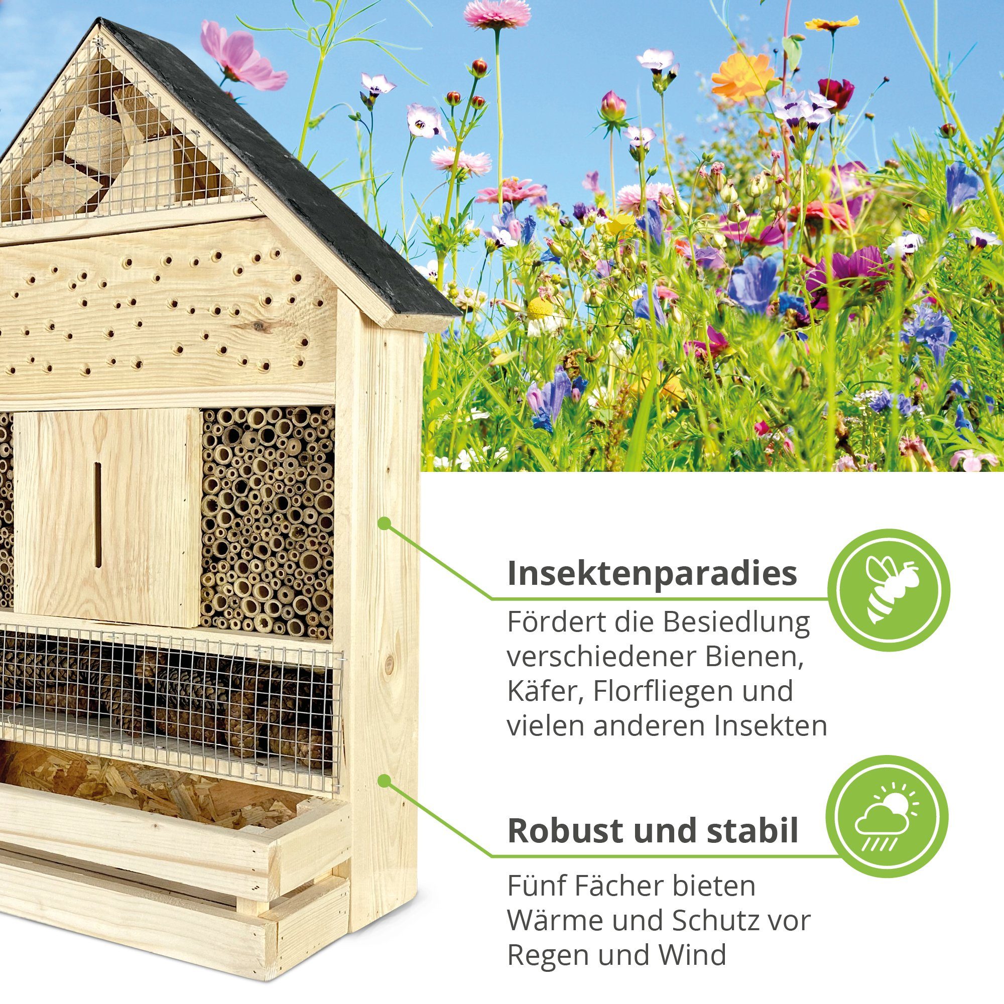 gartenetage Insektenhotel zum Aufhängen XXL mit Pflanzenbalkon & Schieferdach, Naturbelassenes Insektenhaus, Bienenhotel/ Nisthilfe & Artenschutz