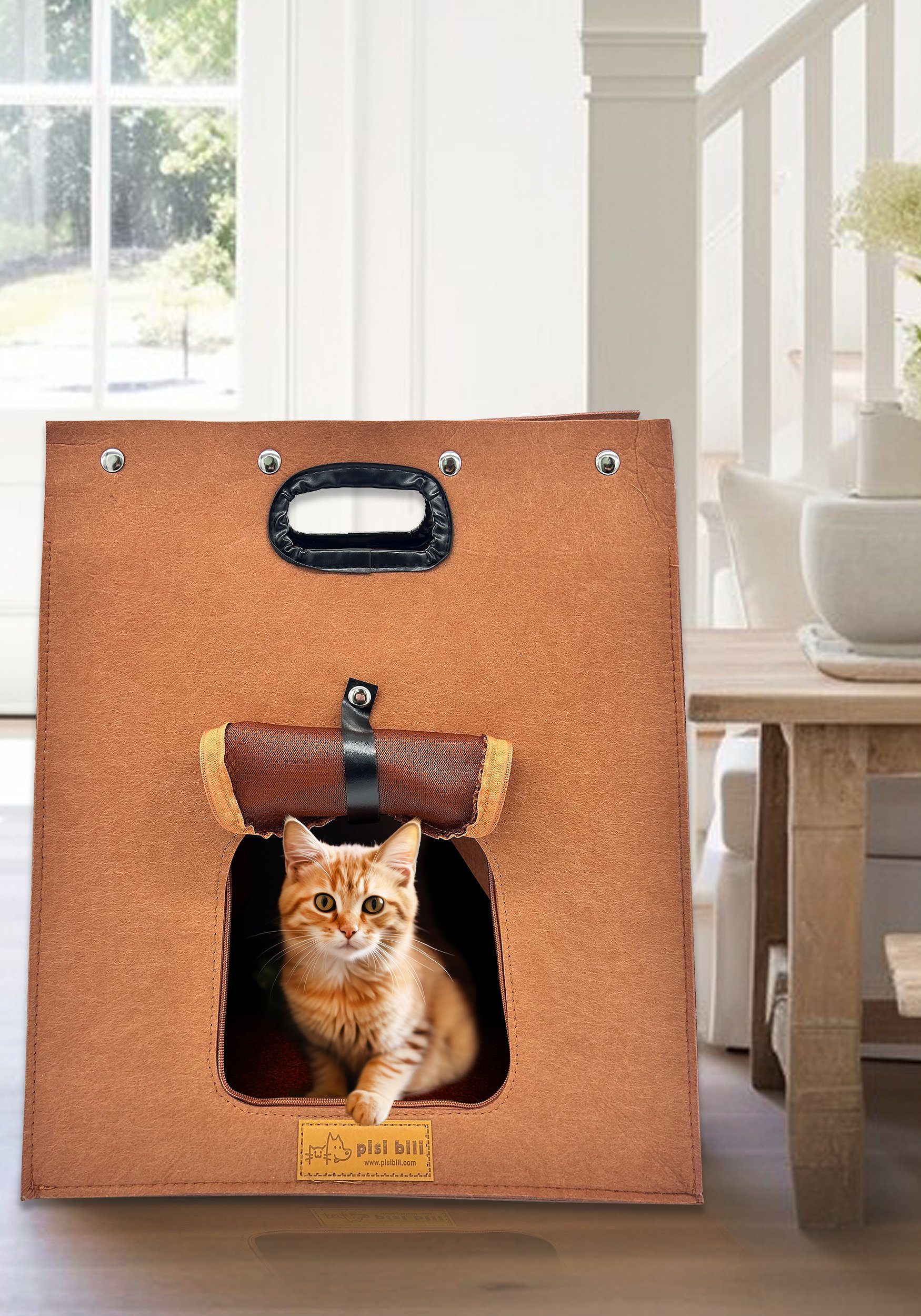 Pisi & Bili Tiertransportbox Transportbox Katze, Zubehör für Katzen, Transporttasche, Ledergriff, aus umweltfreundlicher Filz, Kratzfest