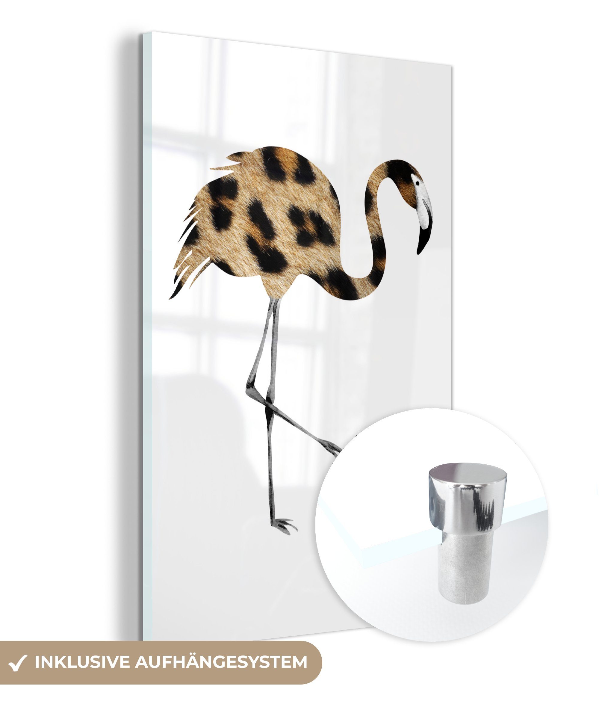 MuchoWow Acrylglasbild Flamingo - Pantherdruck - Tier, (1 St), Glasbilder - Bilder auf Glas Wandbild - Foto auf Glas - Wanddekoration bunt