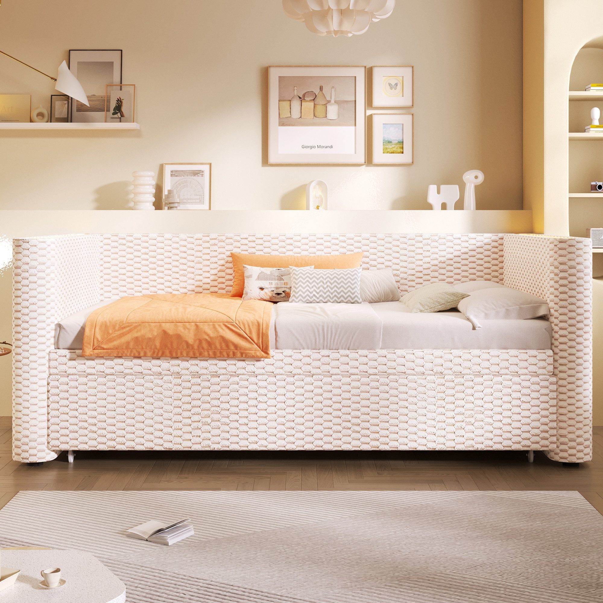 Merax Daybett 90×200cm/180x200cm mit LED-Lichtleiste & App-gesteuerter (Jugendbett Doppelbett Kinderbett, 1 tlg), Polsterbett Tagesbett Schlafsofa mit Ausziehbett und Lattenrost, Samt