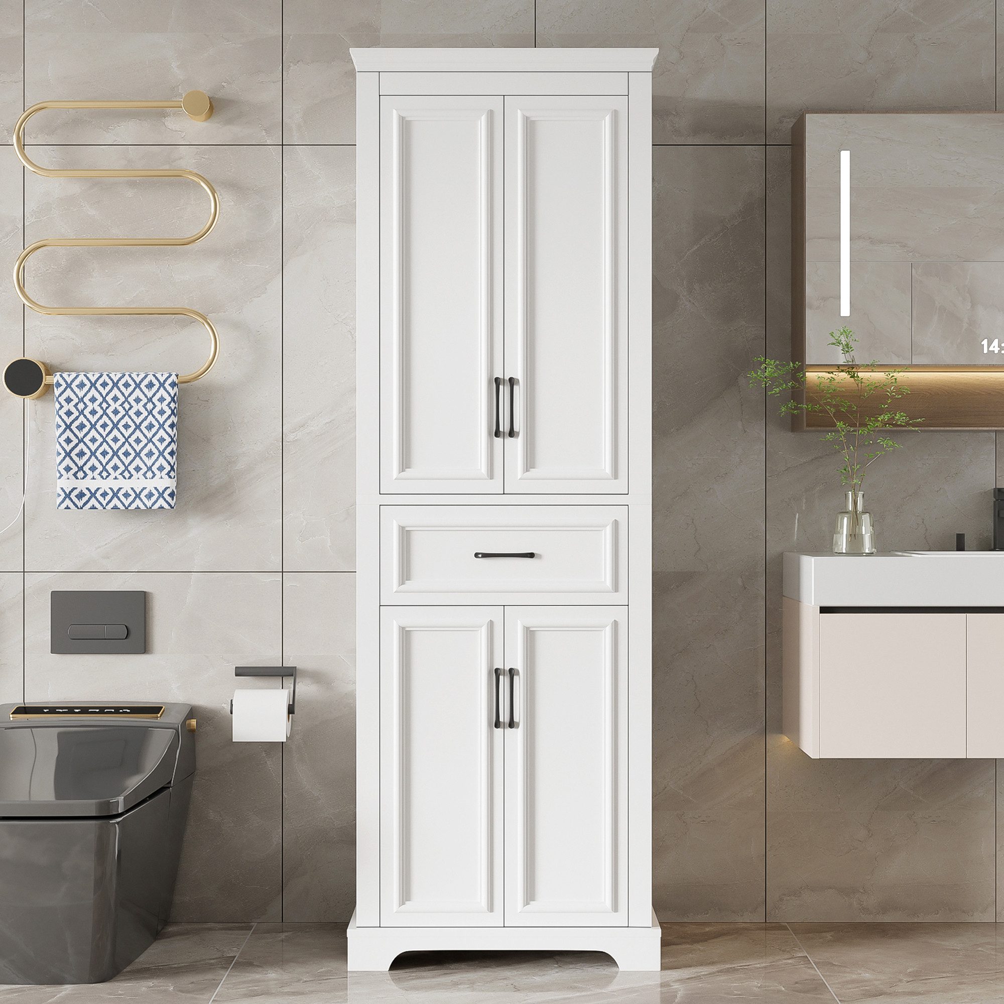 Merax Hochschrank Badezimmerschrank mit 3 Schubladen, 2 Tür, 3 Ablagefächer (1-St., Höhenverstellbare Böden, Soft-Close) 57x38x180cm, Vitrinen für Wohnzimmer
