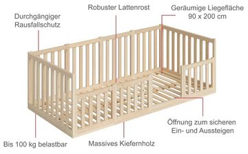 Bellabino Kinderbett Cuvo (Bodenbett 90x200 cm, inkl. Lattenrost), Montessori Bett, natur, aus Kiefer Massivholz