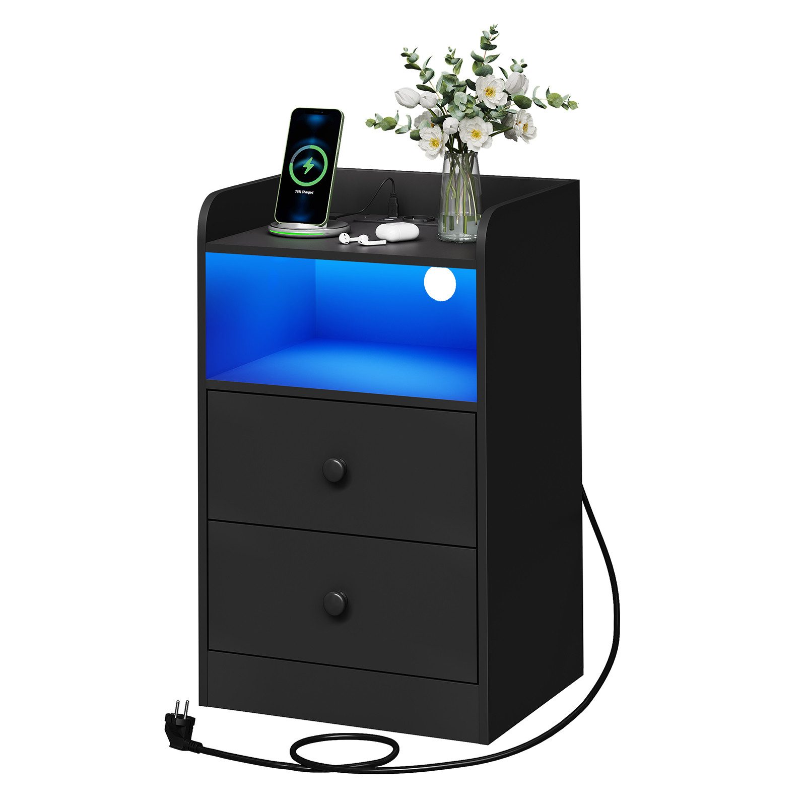 Woltu Nachttisch (1-St), Ladefunktion LED-Licht, 2 Steckdosen 2 USB