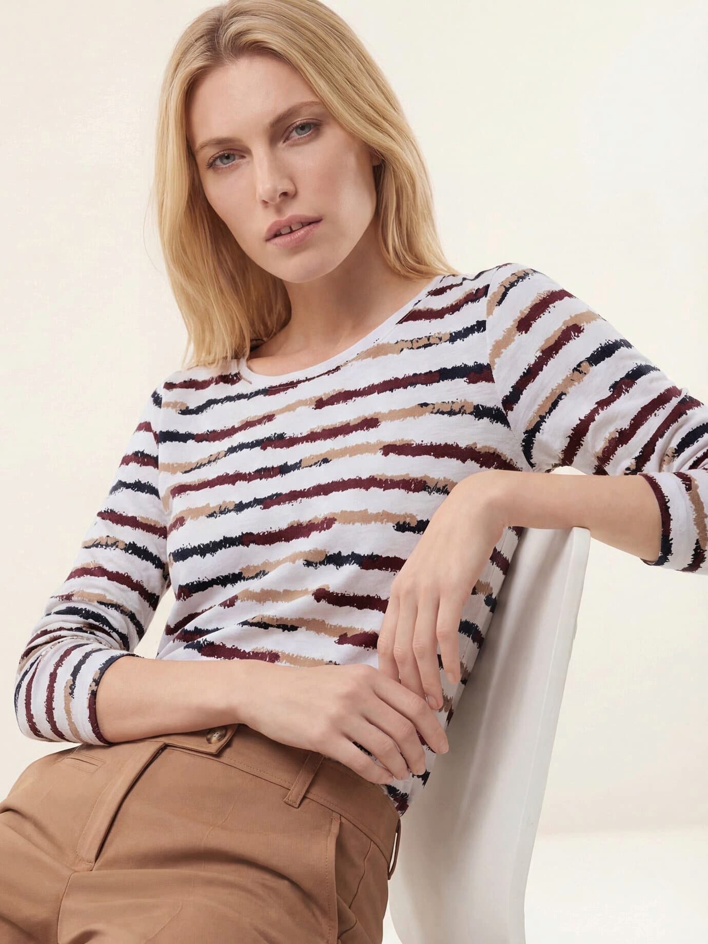 Walbusch T-Shirt Damen Abstract Stripe Baumwollshirt Langarm Rundhals Flammengarn mit lebendiger Streifen-Optik, pflegeleicht, vielseitig