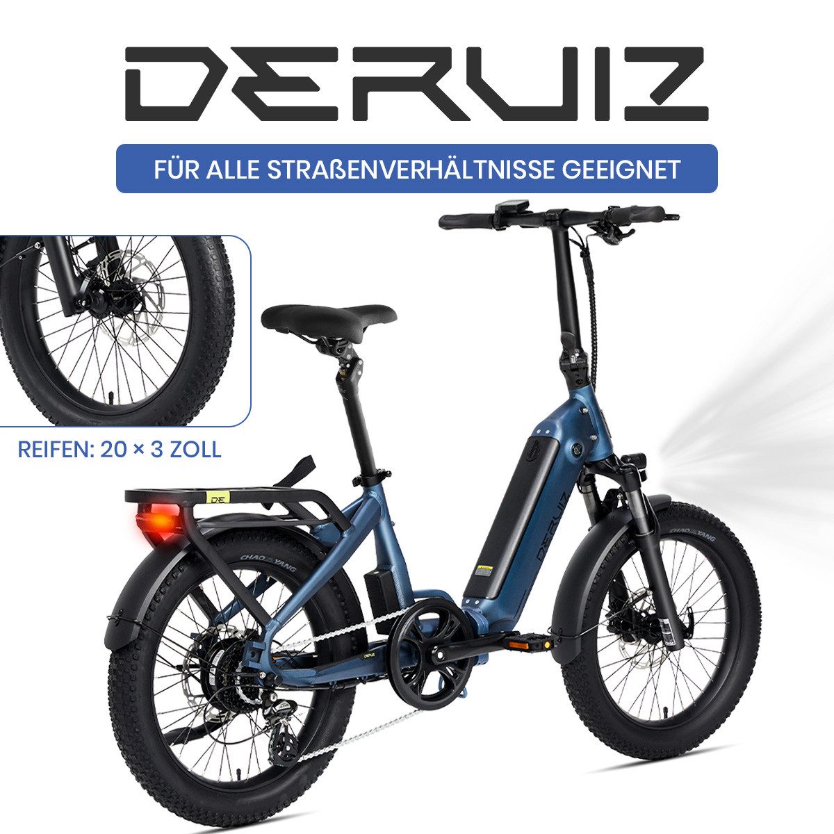 DERUIZ E-Bike Faltrad 20 Zoll, max. 140km, Federsattelstütze, mit Bluetooth, 5 Stufen, 8 Gang SHIMANO SHIMANO ALTUS 11-32T Schaltwerk, Kettenschaltung, Heckmotor, 500 Wh, (mit Akku-Ladegerät, mit Werkzeug), RH:36cm, Bremslicht, Gepäckträger (max.50kg), hydraulische Bremsen
