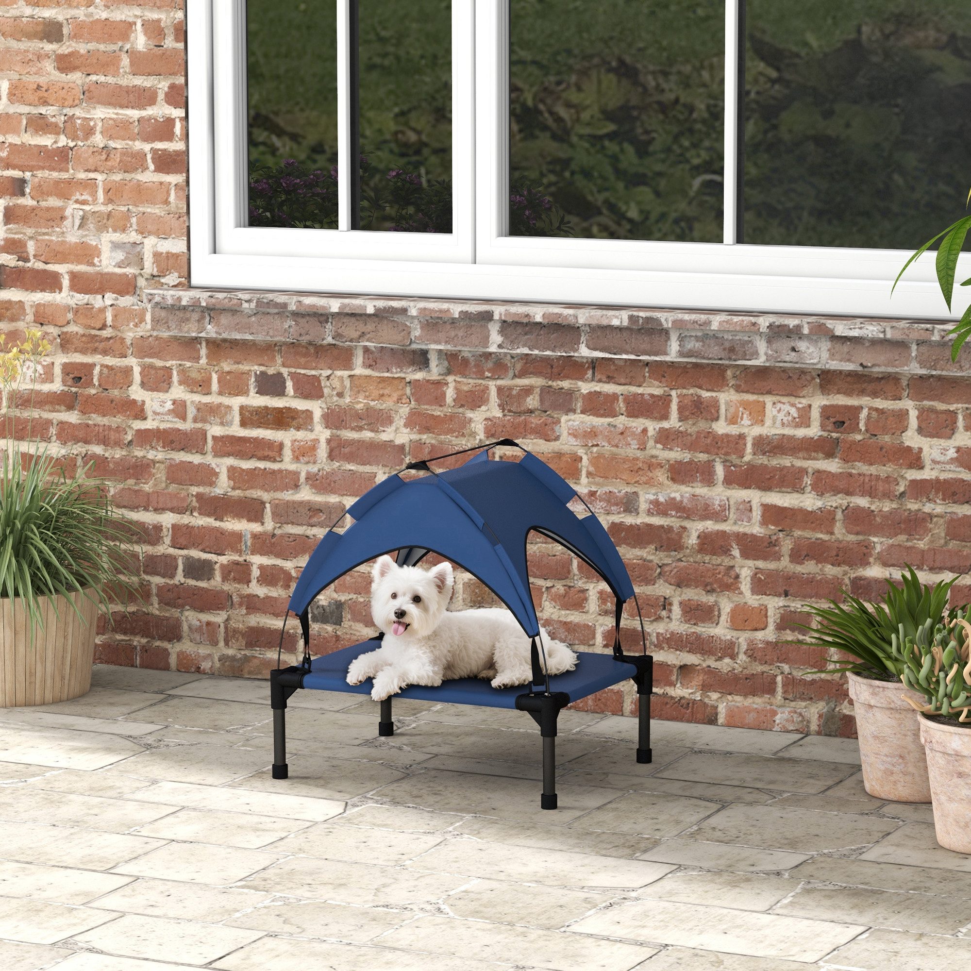 PawHut Tierbett mit Baldachin, Outdoor Hundeliege mit Dach, Atmungsaktiv, Oxford, für Mini- und Kleinhunde Dunkelblau Oxford 61 x 46 x 94 cm