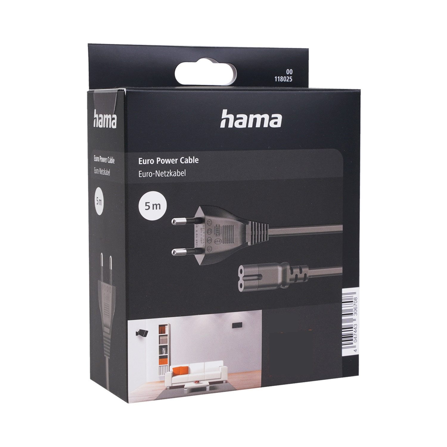 Hama 5m Euro-Stecker Netz-Kabel Strom-Kabel Stromkabel, Euro-Stecker, 2-Pol.-Kupplung (500 cm), Dopplenut Geräte-Kupplung Typ C CEE 7/16 für Konsole TV Radio etc