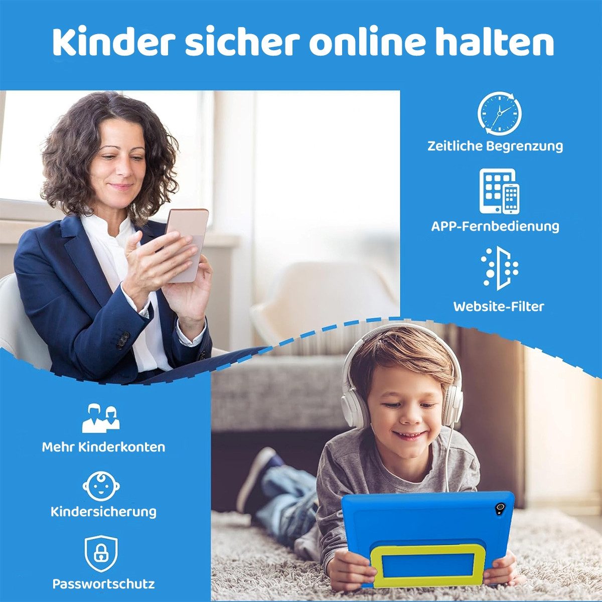 BUFO 10'' Android 64GB 1280x800 HD IPS WiFi 6 Lern Kinder Tablet (10", 64 GB, Android 16, 5G WiFi, Kids Bumper Blau, Elterliche Kontrolle, Anti-Blaulicht) – Bild 4 von 5