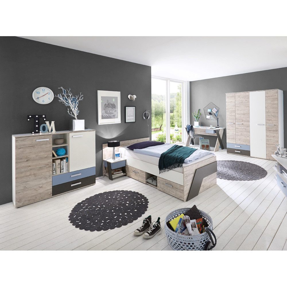 Lomadox Jugendzimmer-Set LEEDS-10, (Sparset, 5-St), Sandeiche Nb. mit weiß Lava und Denim Blau