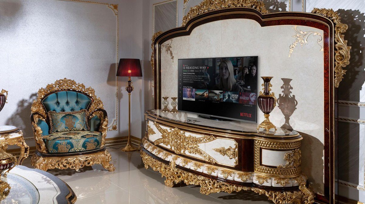 Gold Prunkvoll mit Braun - - Rückwand Barock Weiß / Wohnzimmer Padrino TV-Schrank Sideboard / Edel Wohnzimmer TV & Schrank Casa Barock Möbel Prunkvolles - Luxus