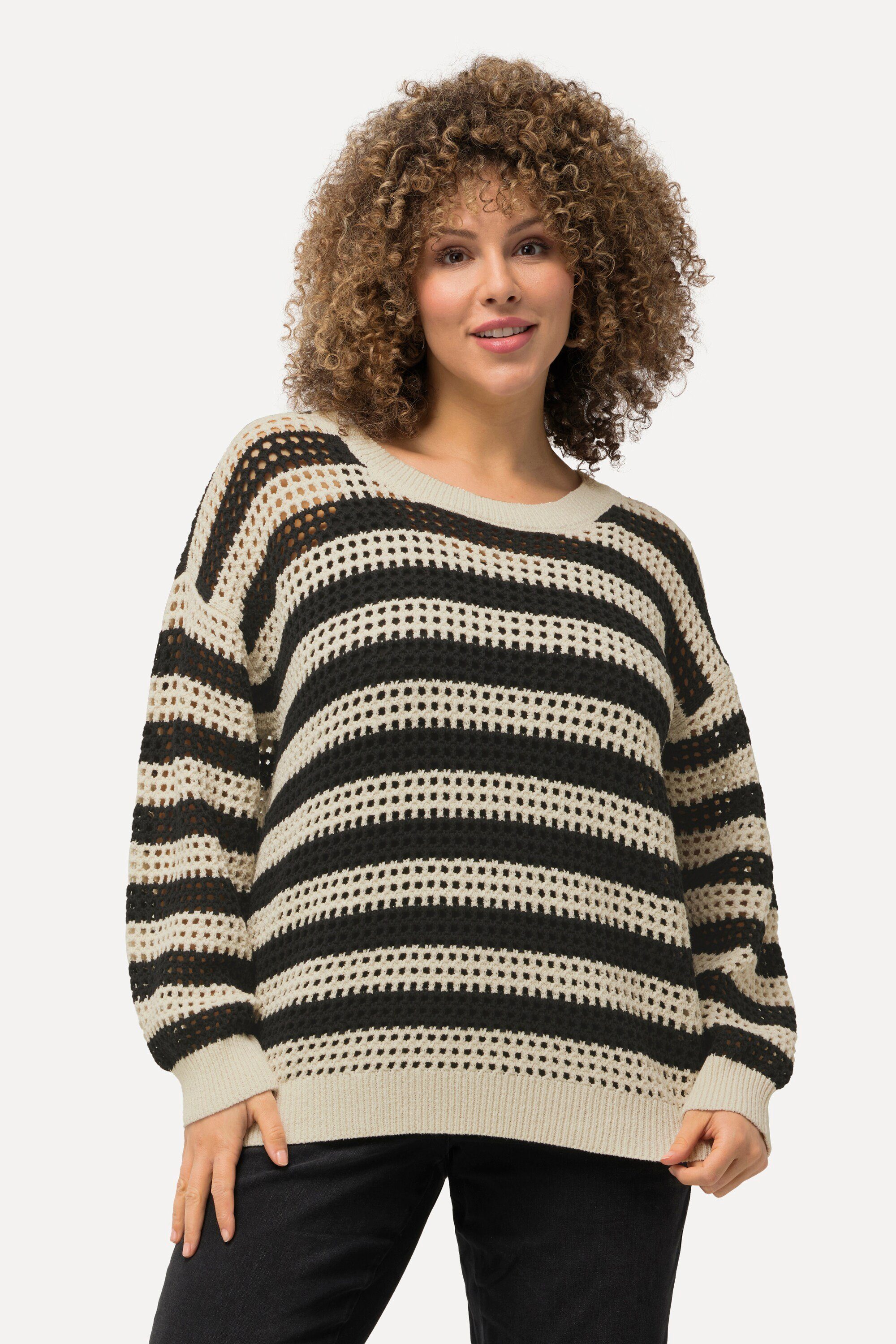 Ulla Popken Strickpullover Häkelpullover Streifen Oversized Rundhals Langarm