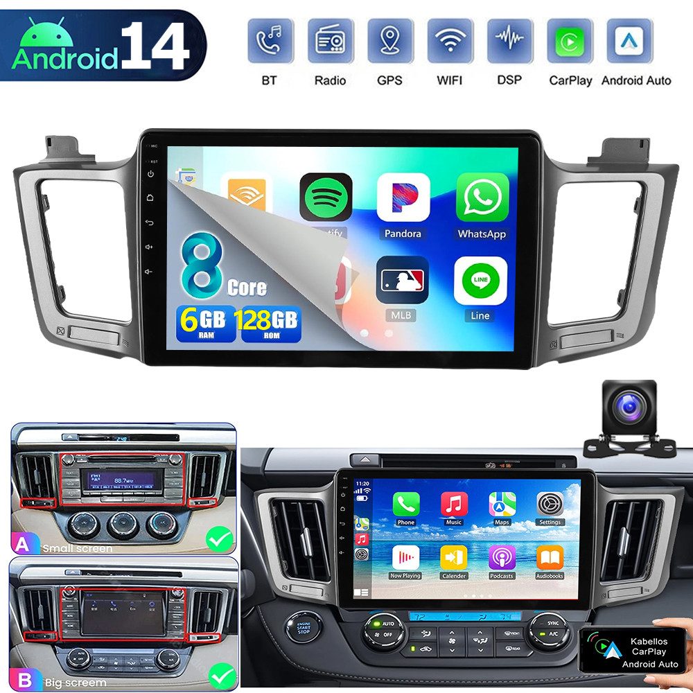 ESSGOO DAB 6+128G Android 14 Autoradio Für Toyota RAV4 13-18 Carplay Navi BT Autoradio (Digitalradio (DAB), 6GB+128GB, RDS, AM, FM, Carplay Android Auto Bluetooth EQ USB GPS Navi WIFI Touchscreen)
